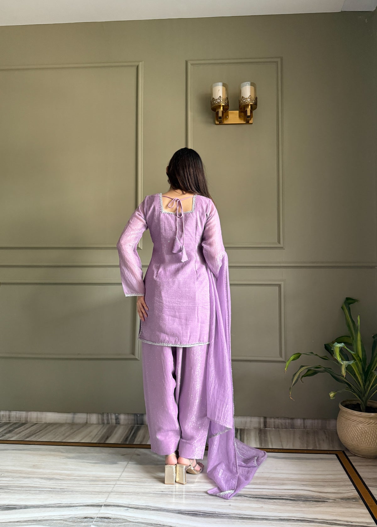 Lavender Crunchy Silk Crystal Work Kurta Salwar Suit with Dupatta