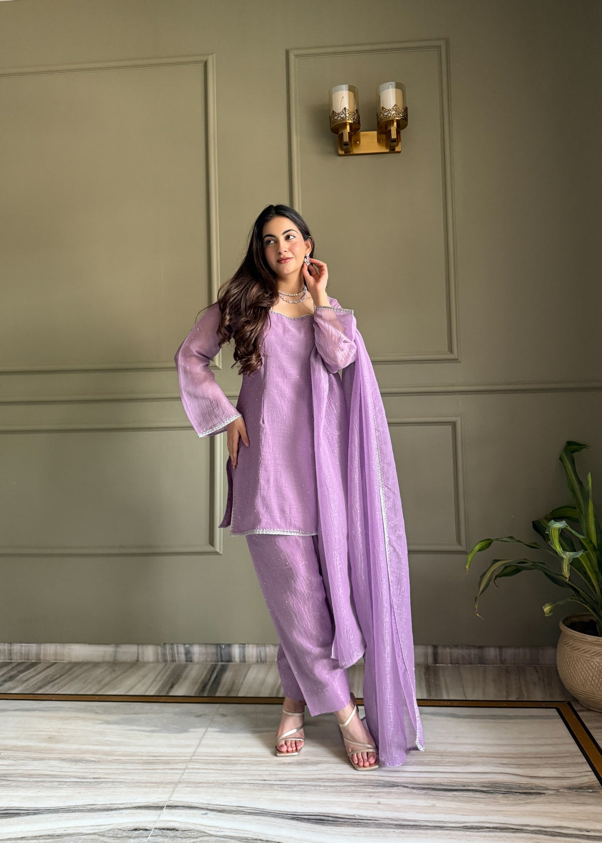 Lavender Crunchy Silk Crystal Work Kurta Salwar Suit with Dupatta
