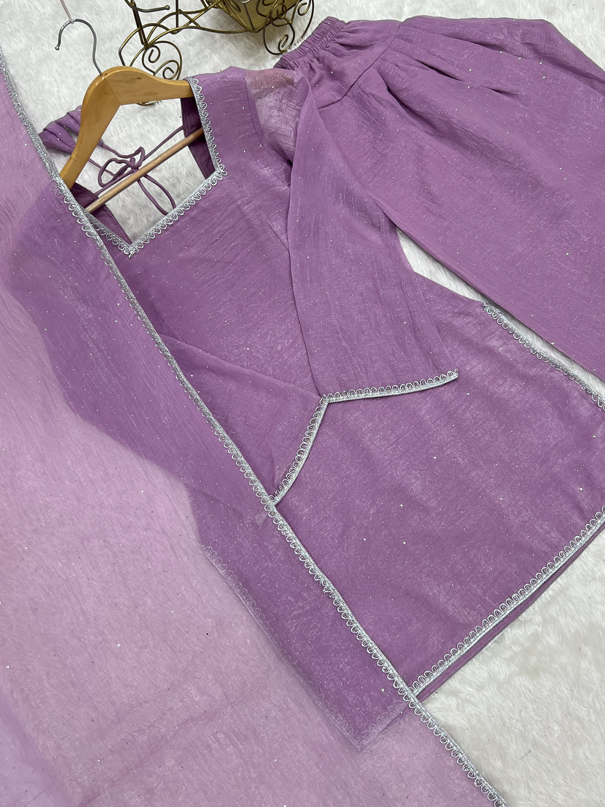Lavender Crunchy Silk Crystal Work Kurta Salwar Suit with Dupatta