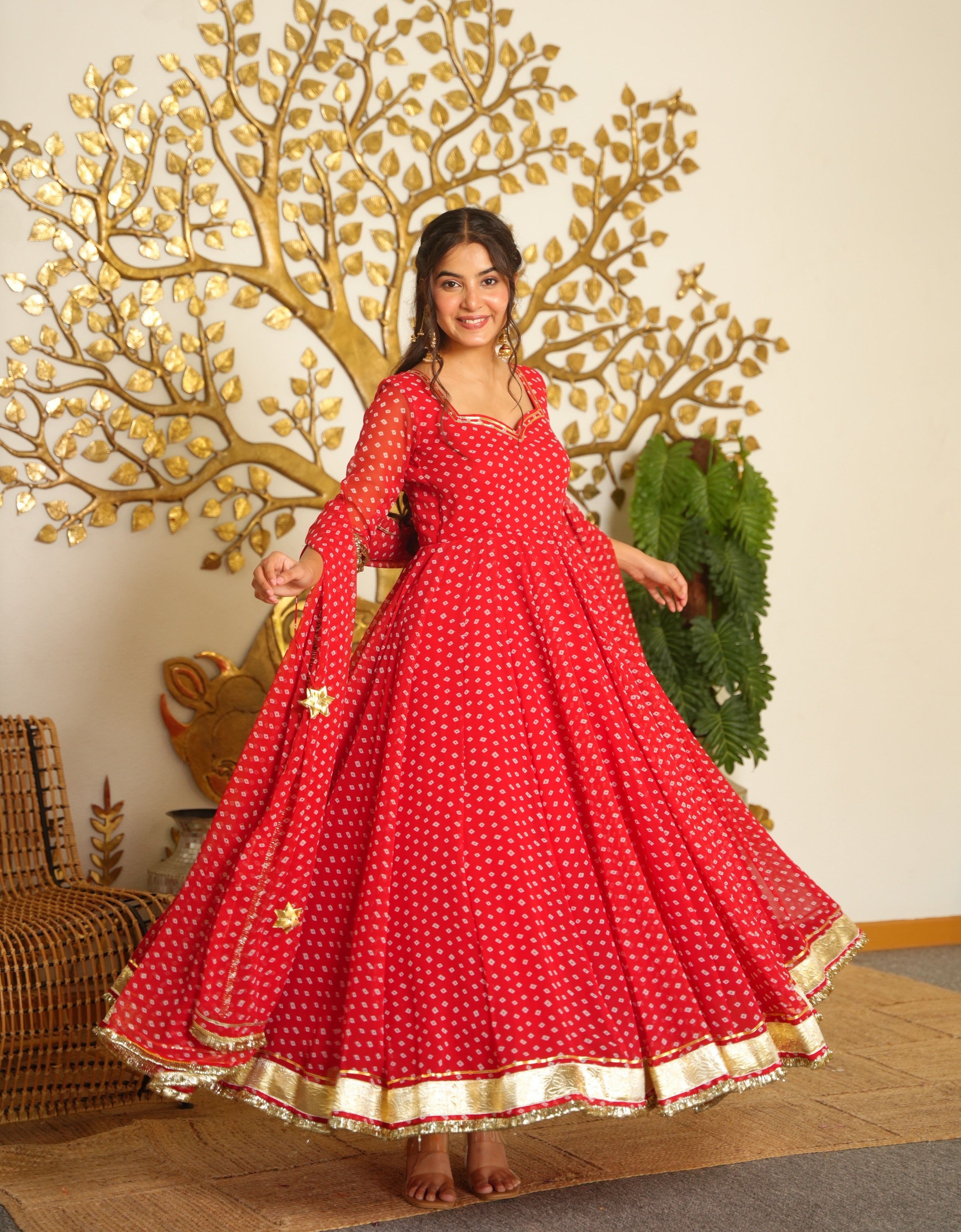 Red Bandhej Print Faux Georgette Anarkali Gown Set with Dupatta & Pants