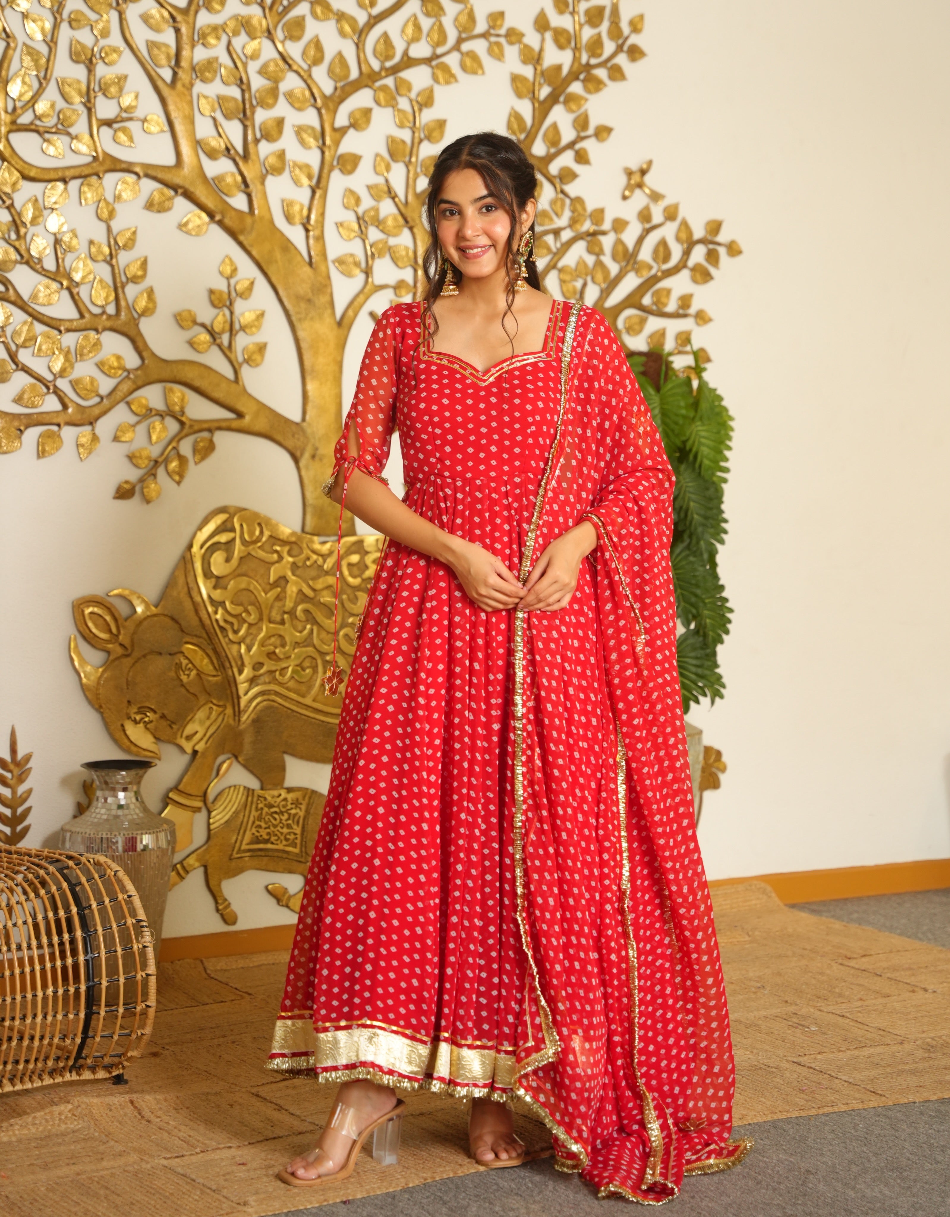 Red Bandhej Print Faux Georgette Anarkali Gown Set with Dupatta & Pants