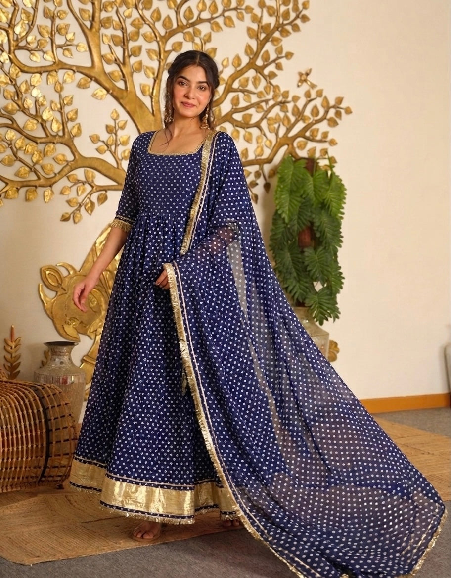 Navy Blue Bandhej Print Faux Georgette Anarkali Gown Set with Dupatta & Pants