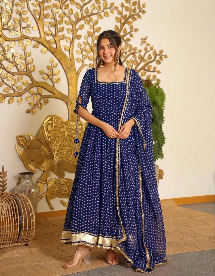 Navy Blue Bandhej Print Faux Georgette Anarkali Gown Set with Dupatta & Pants