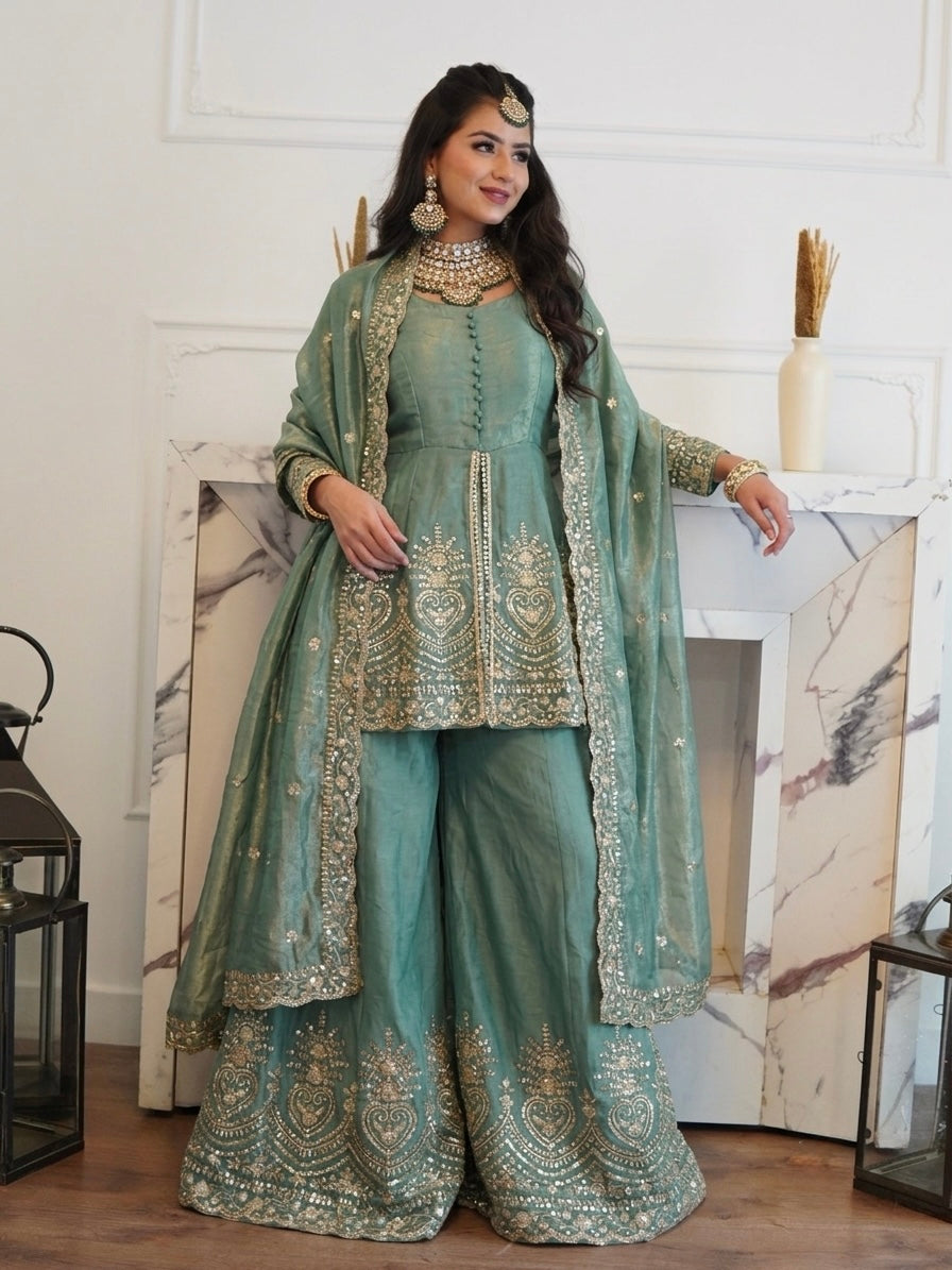 Sage Green Fendy Silk Embroidered Peplum Kurta Palazzo Set with Dupatta