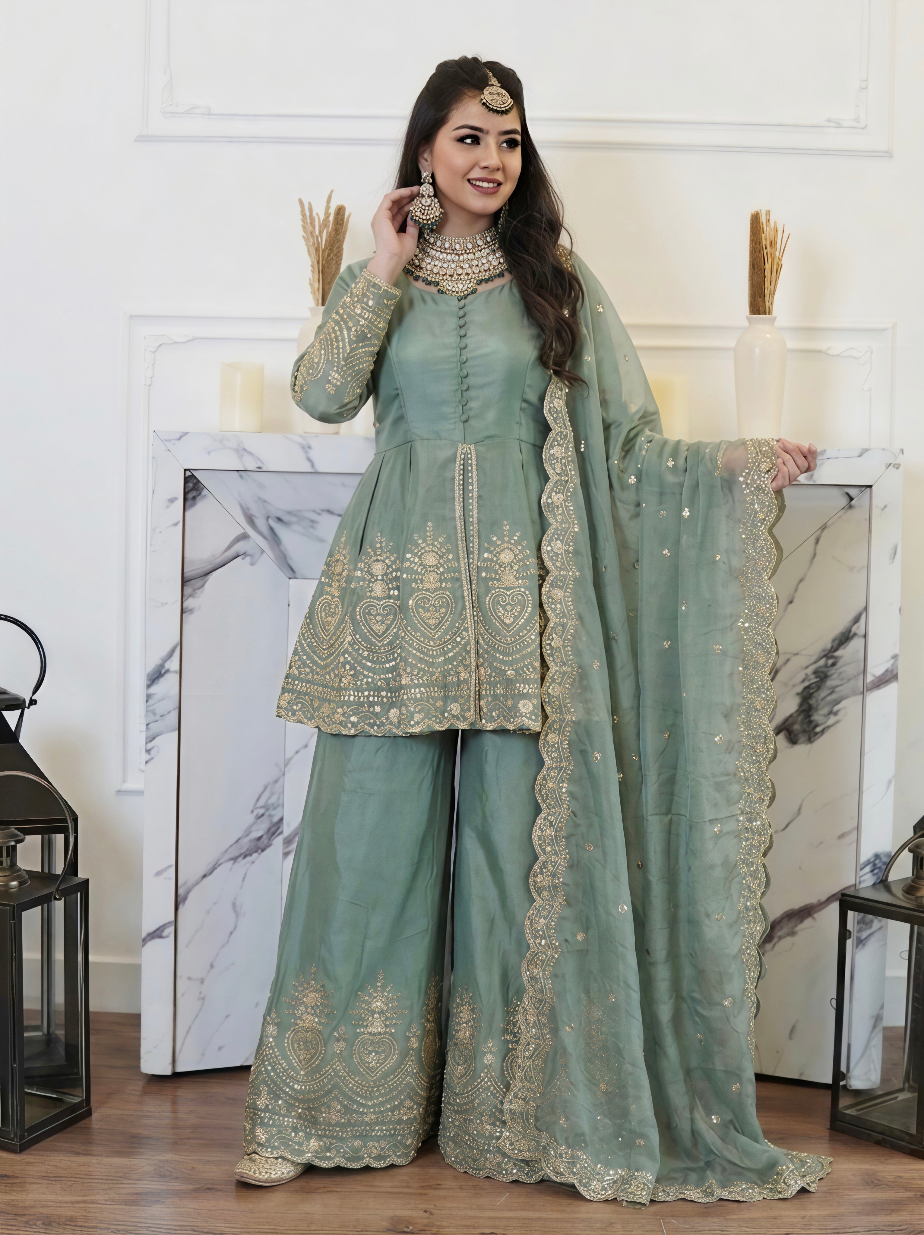 Sage Green Fendy Silk Embroidered Peplum Kurta Palazzo Set with Dupatta