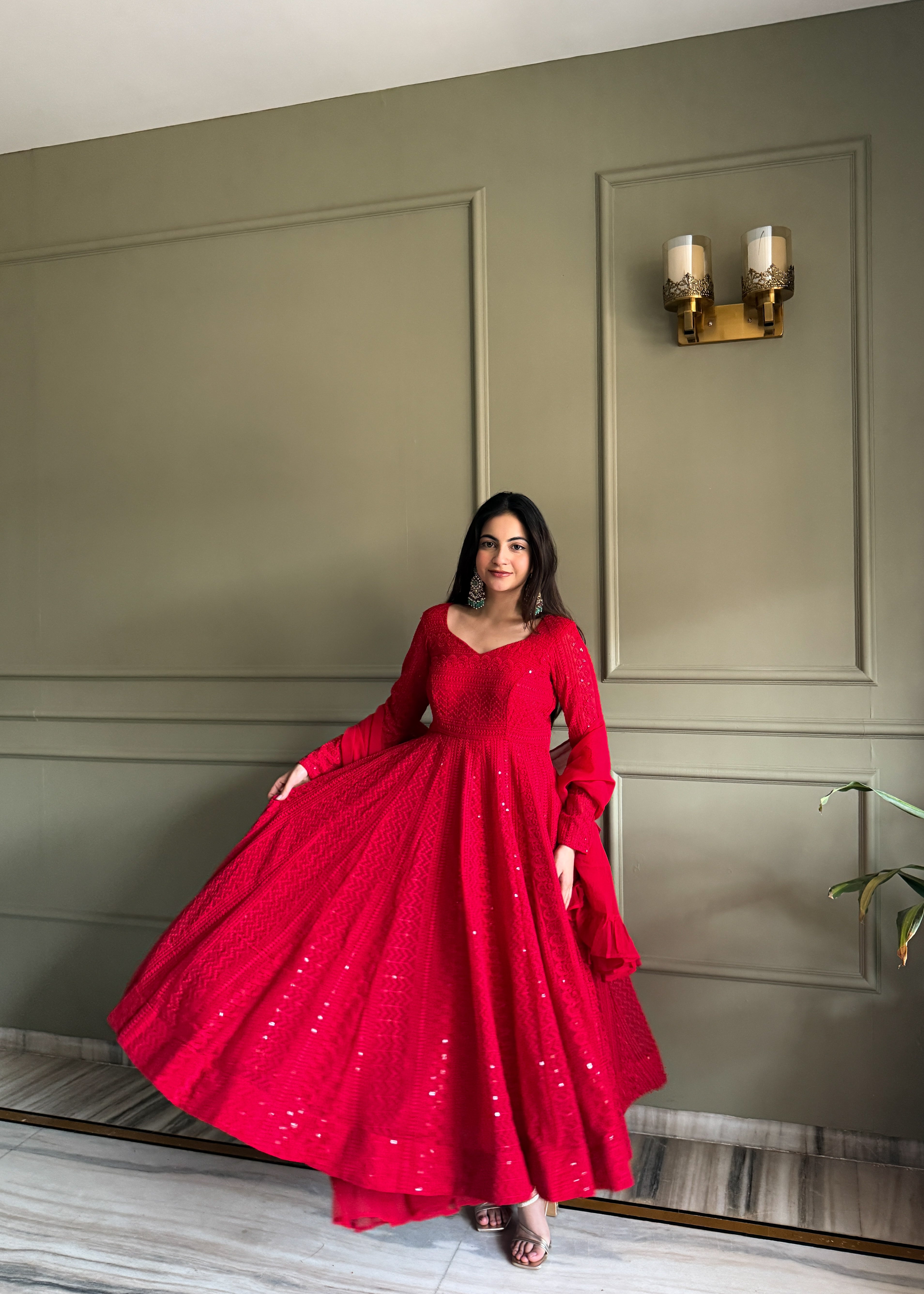 Red Lucknowi Sequins Georgette Anarkali Suit | Nardev Fashion