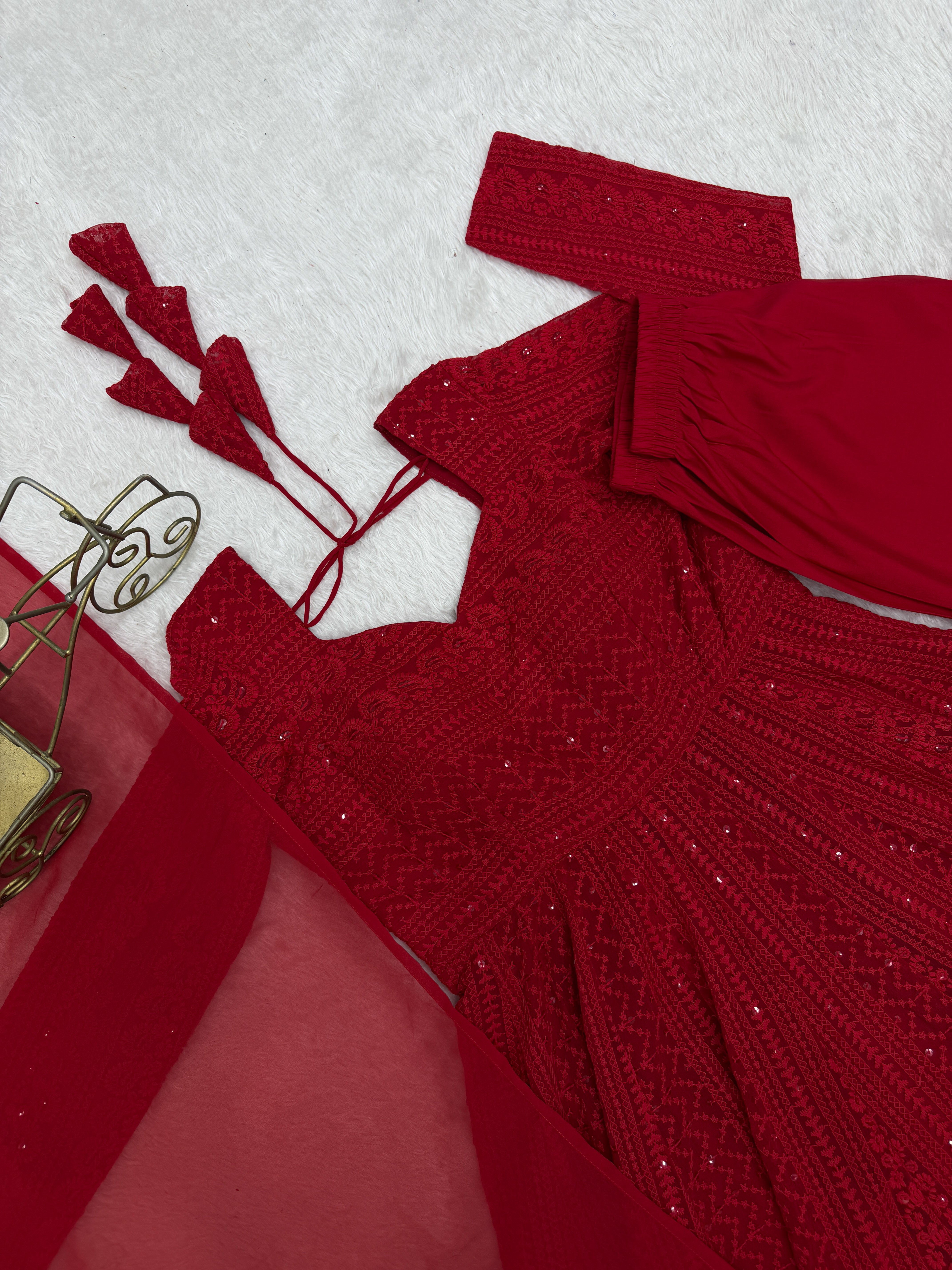 Red Lucknowi Sequins Georgette Anarkali Suit | Nardev Fashion