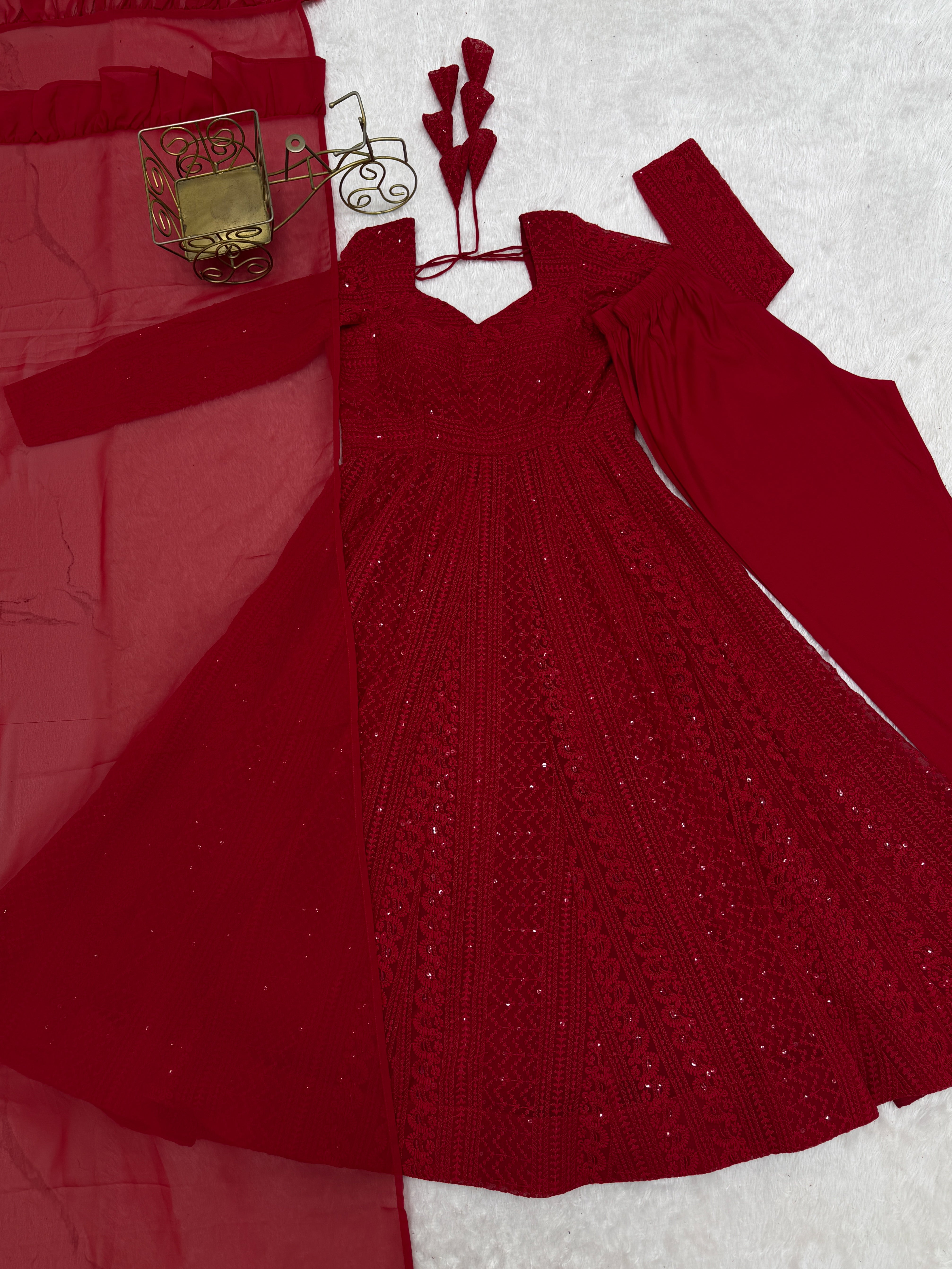 Red Lucknowi Sequins Georgette Anarkali Suit | Nardev Fashion