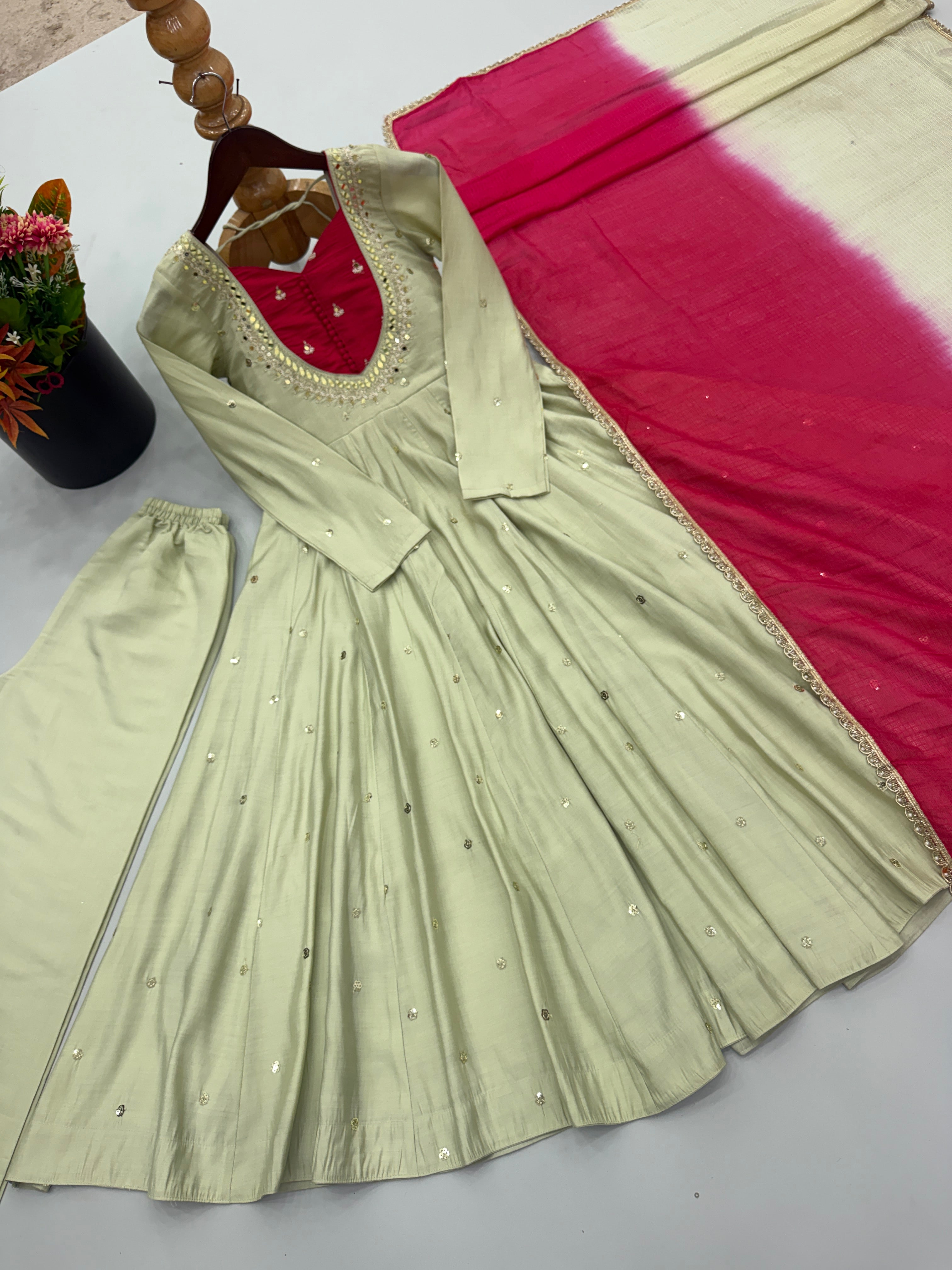 Sage Green Roman Silk Embroidered Anarkali Suit Set with Real Mirror Work & Pink Kota Checks Dupatta