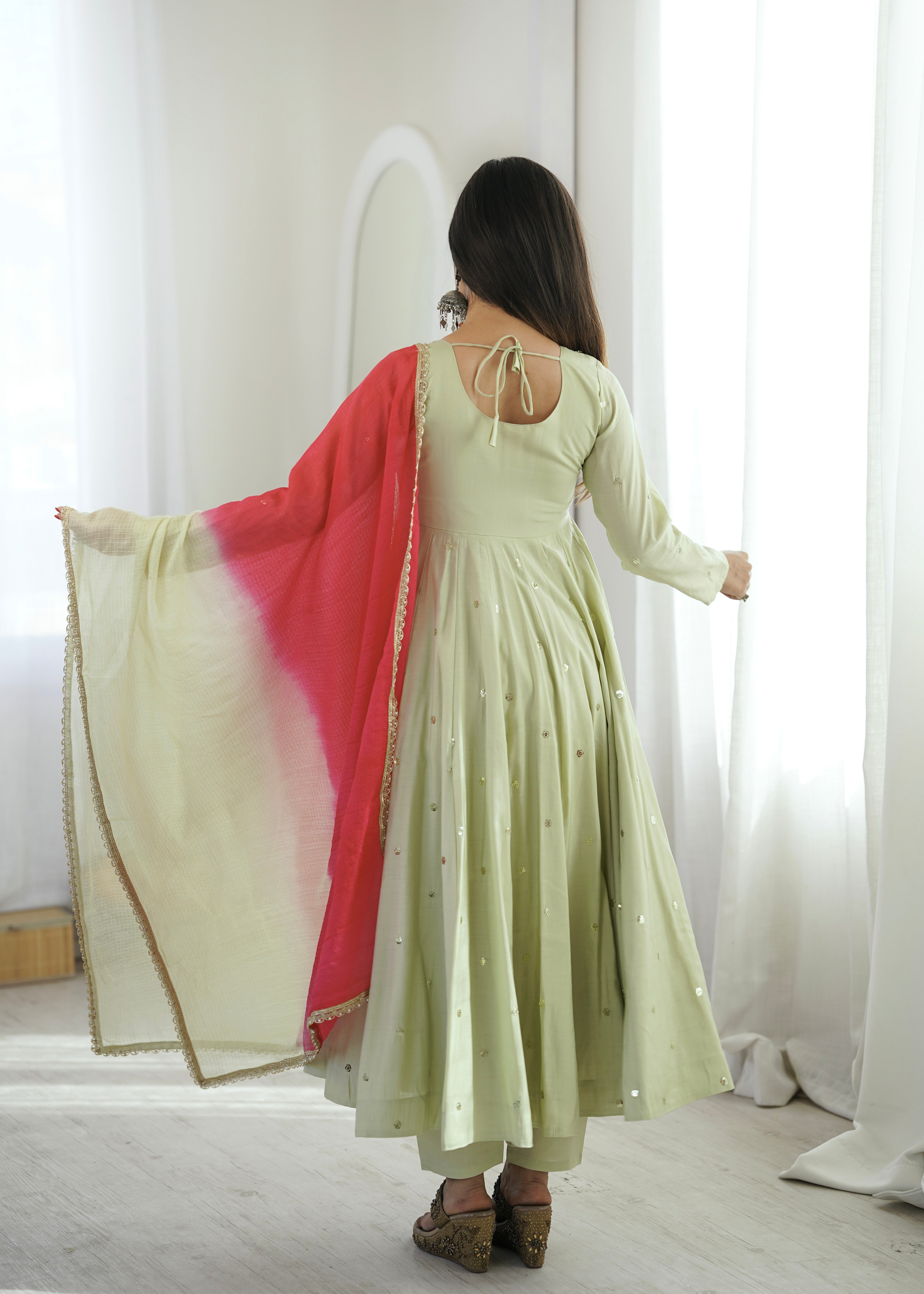 Sage Green Roman Silk Embroidered Anarkali Suit Set with Real Mirror Work & Pink Kota Checks Dupatta
