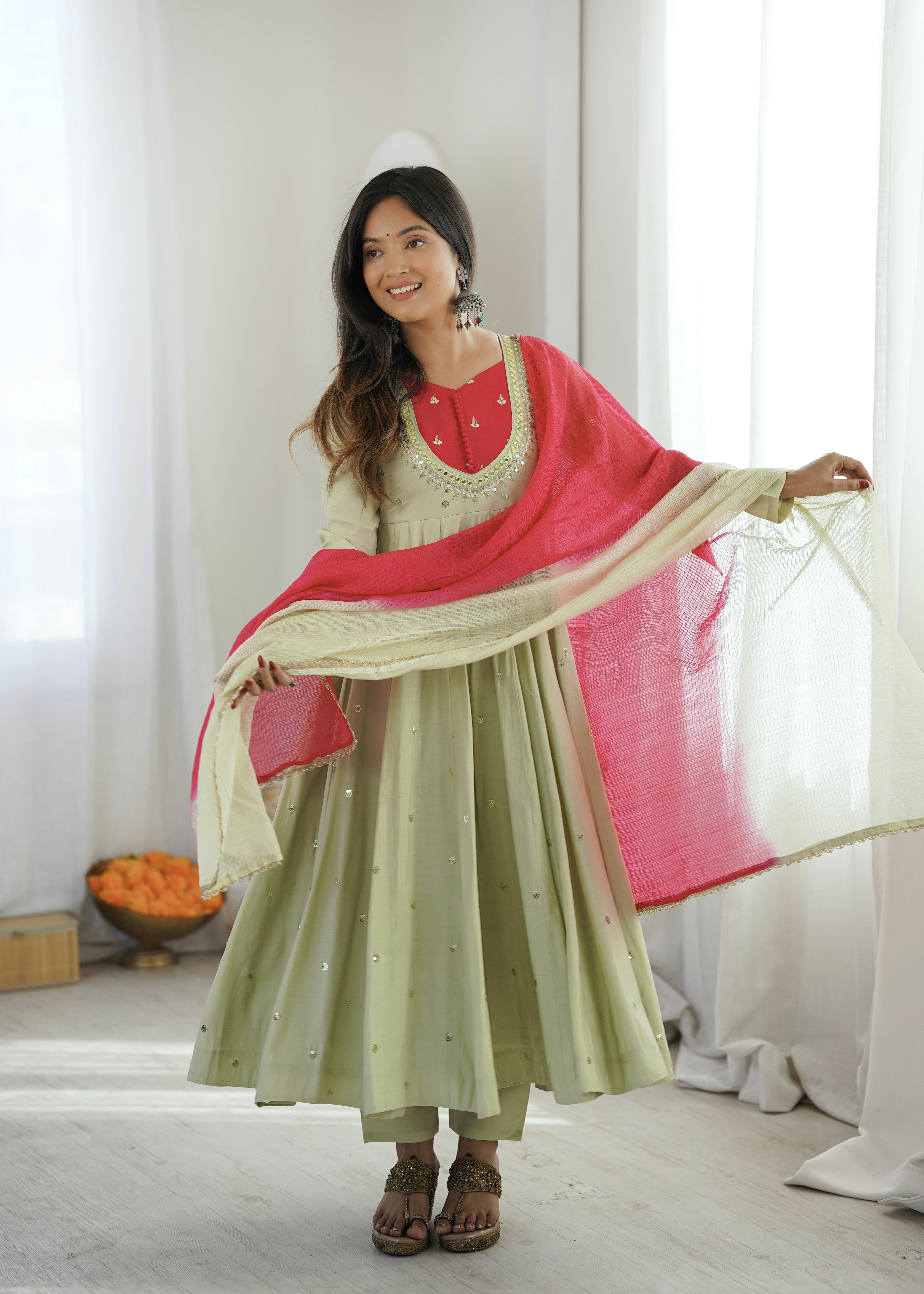 Sage Green Roman Silk Embroidered Anarkali Suit Set with Real Mirror Work & Pink Kota Checks Dupatta
