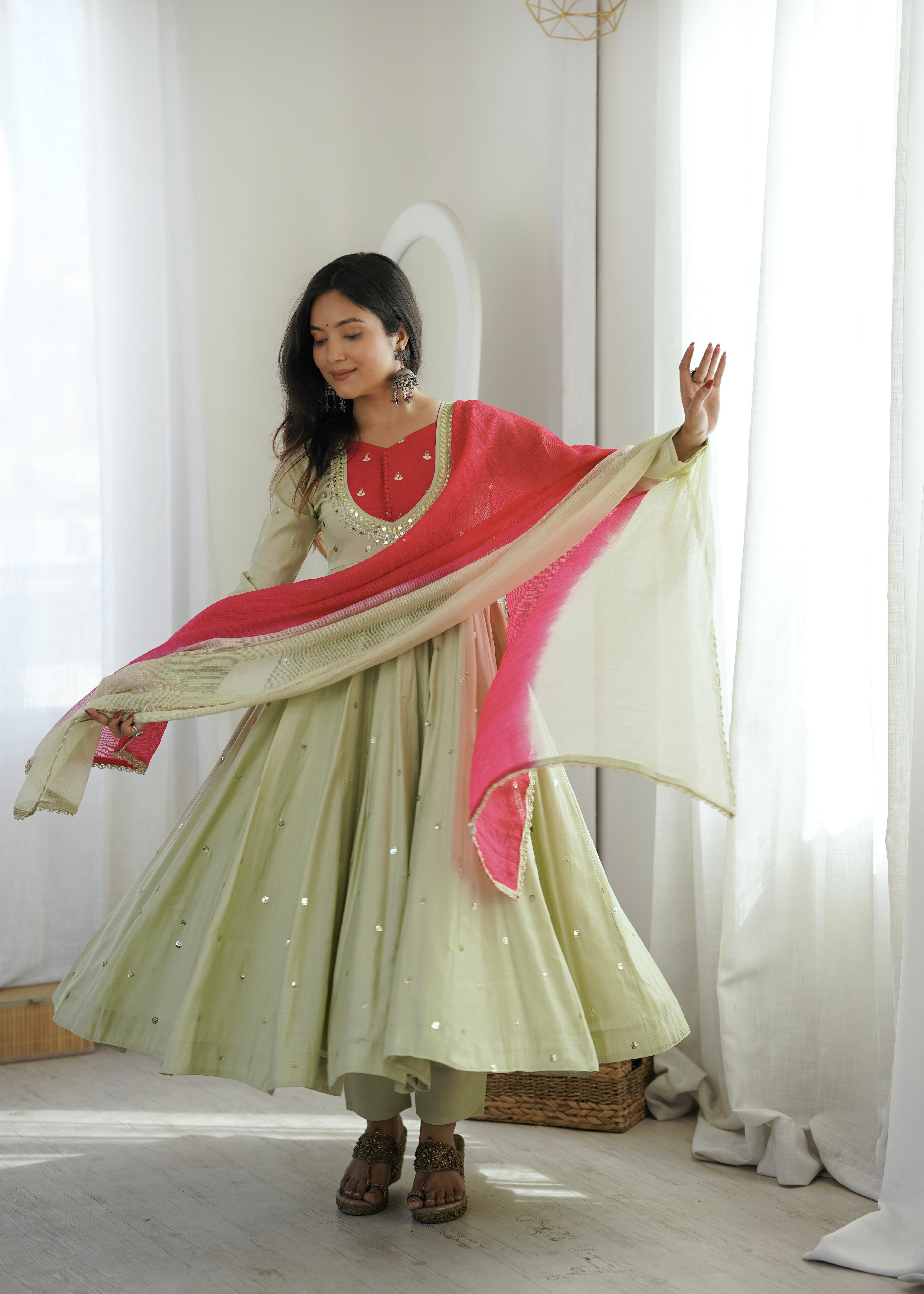 Sage Green Roman Silk Embroidered Anarkali Suit Set with Real Mirror Work & Pink Kota Checks Dupatta