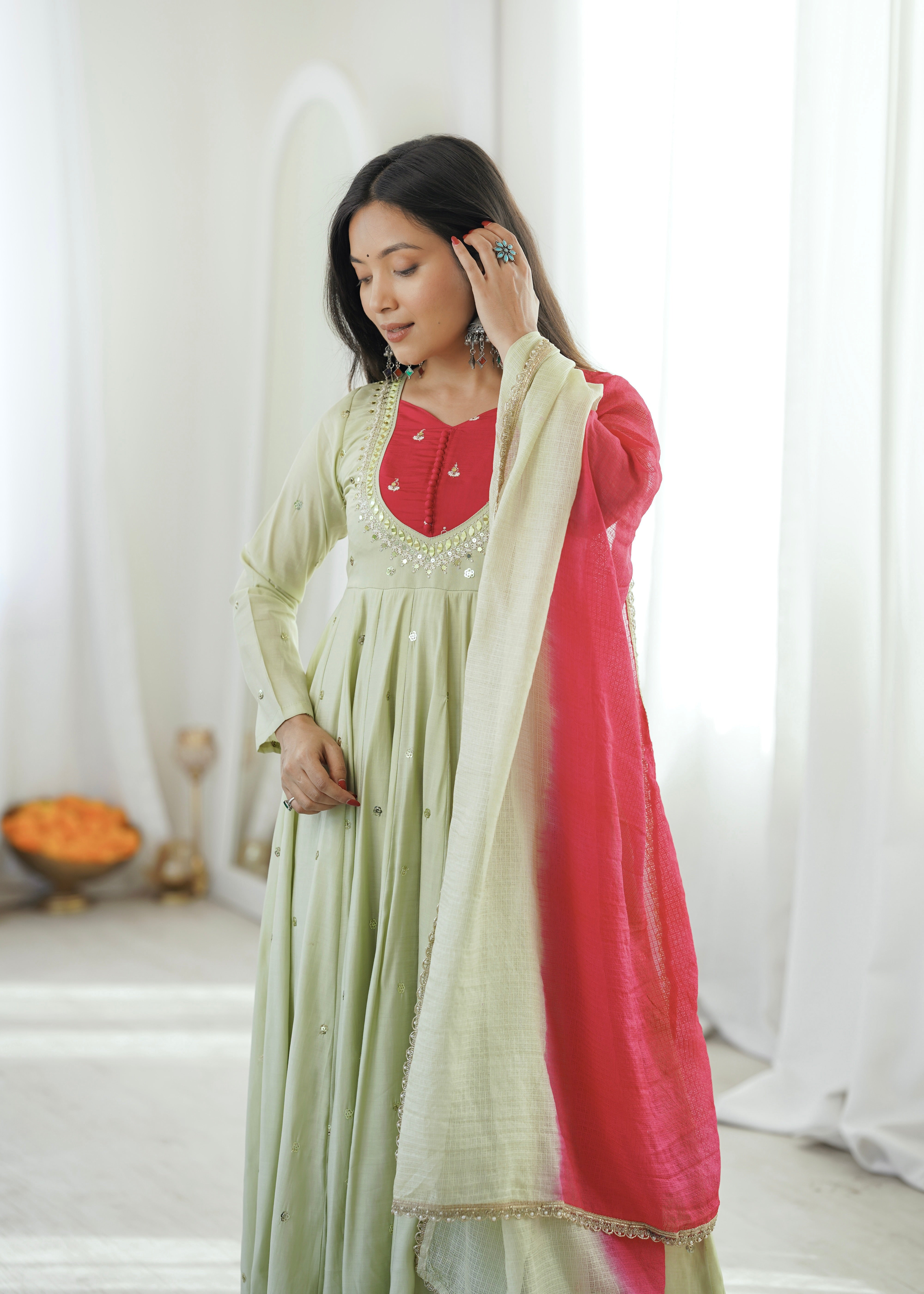 Sage Green Roman Silk Embroidered Anarkali Suit Set with Real Mirror Work & Pink Kota Checks Dupatta
