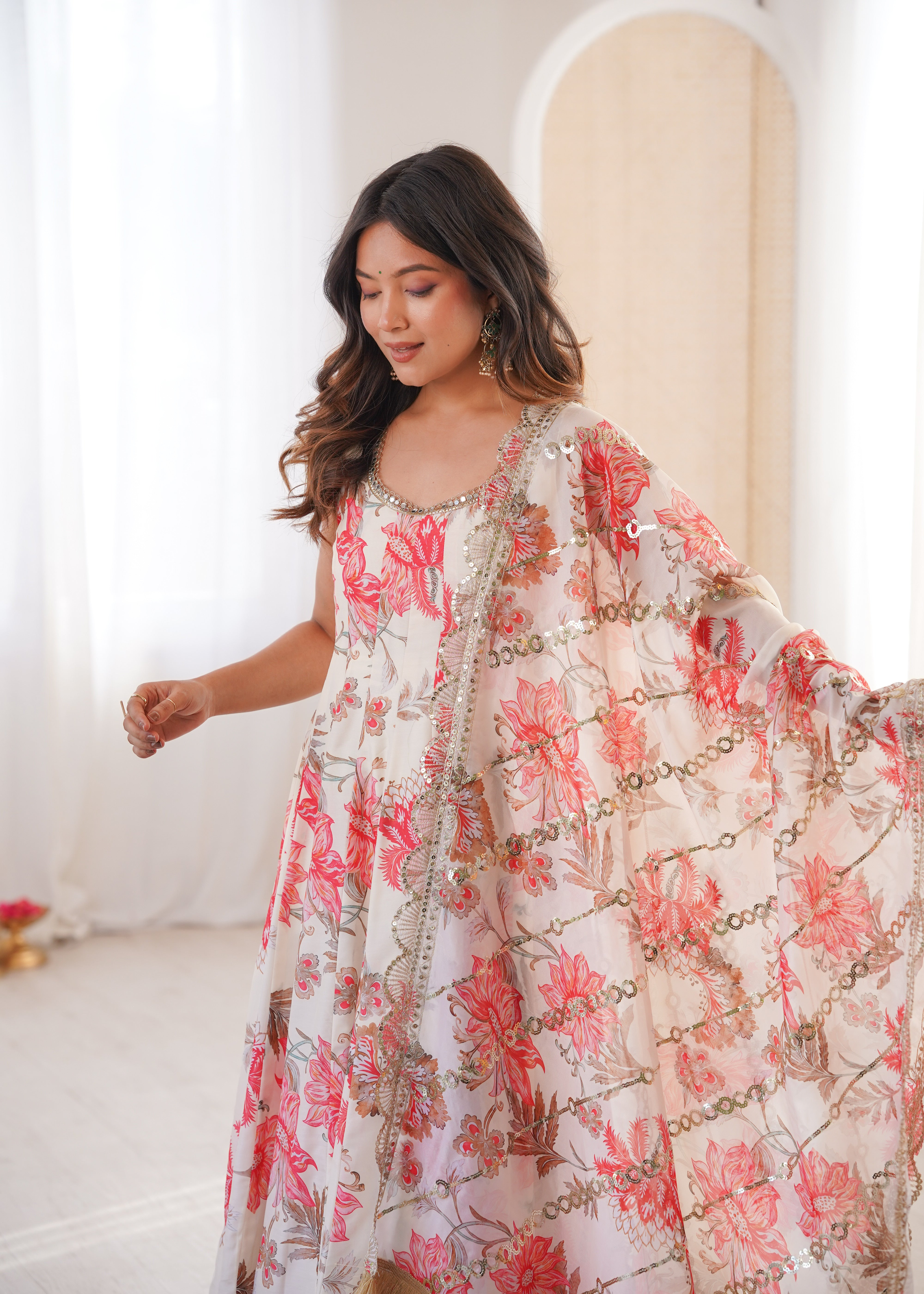 Floral Print Kali Cut Anarkali Suit with Organza Dupatta & Pant Set for Women