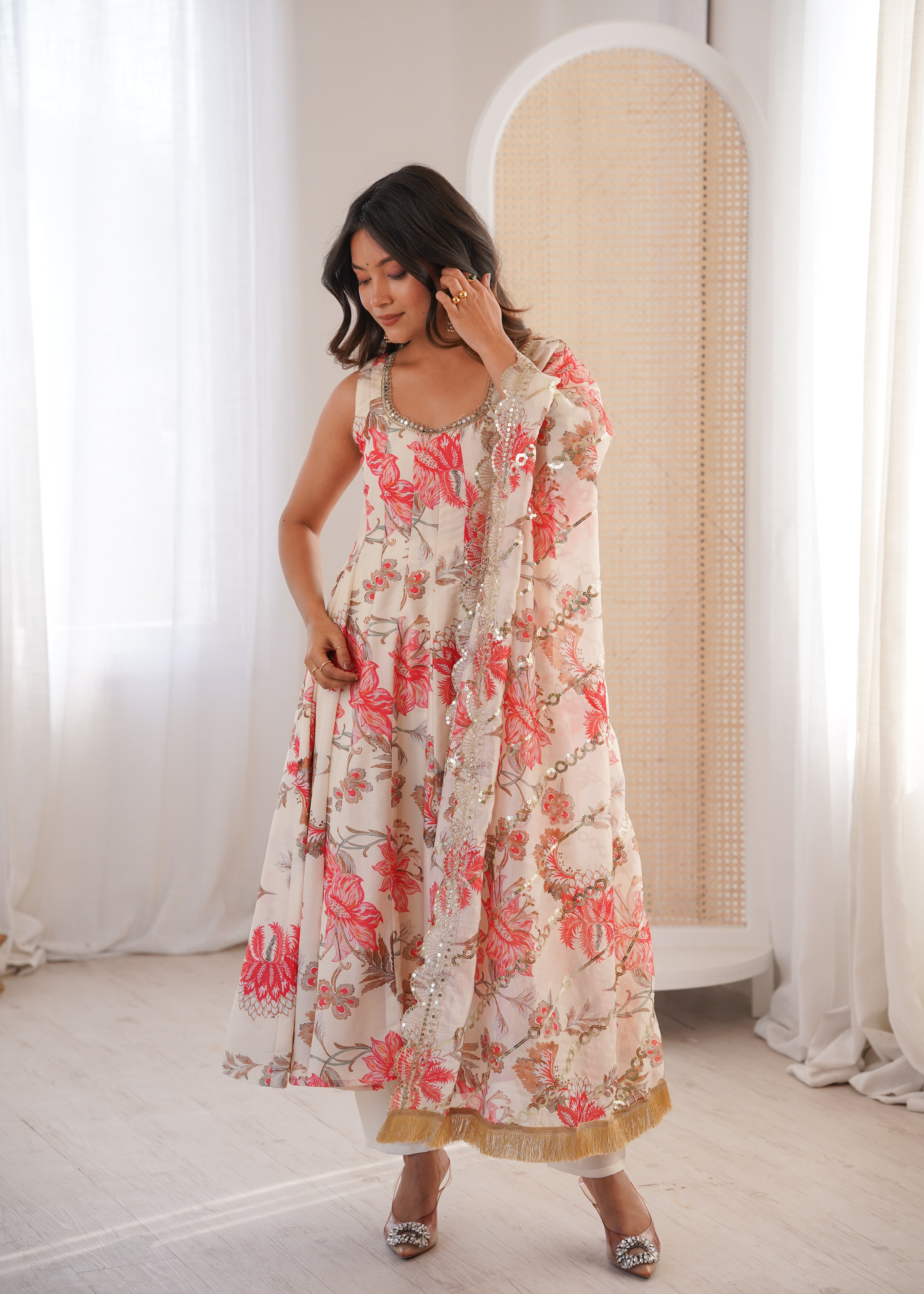 Floral Print Kali Cut Anarkali Suit with Organza Dupatta & Pant Set for Women