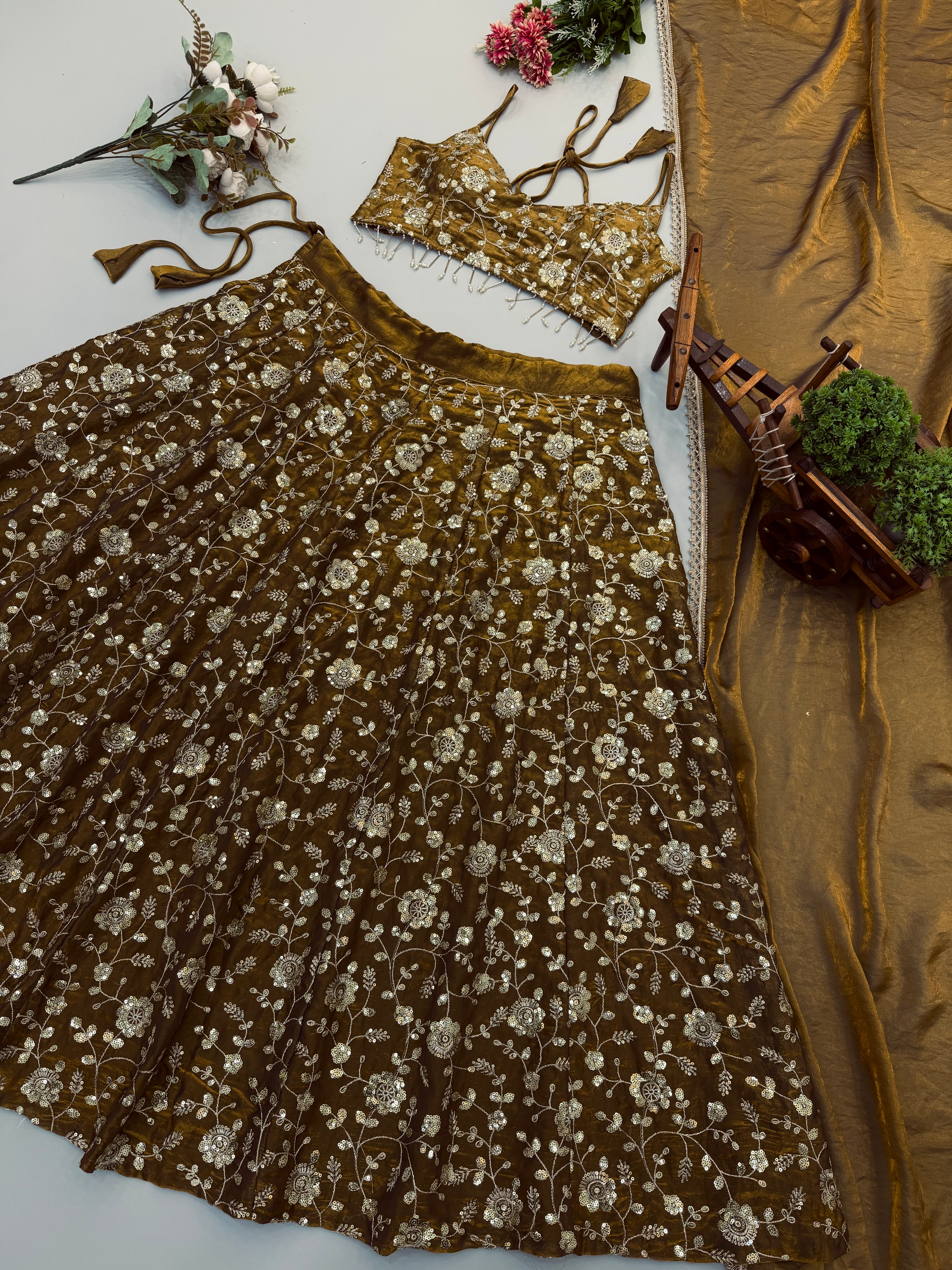 Coffee Brown Fandy Silk Embroidered Sequin Lehenga Choli Set with Dupatta