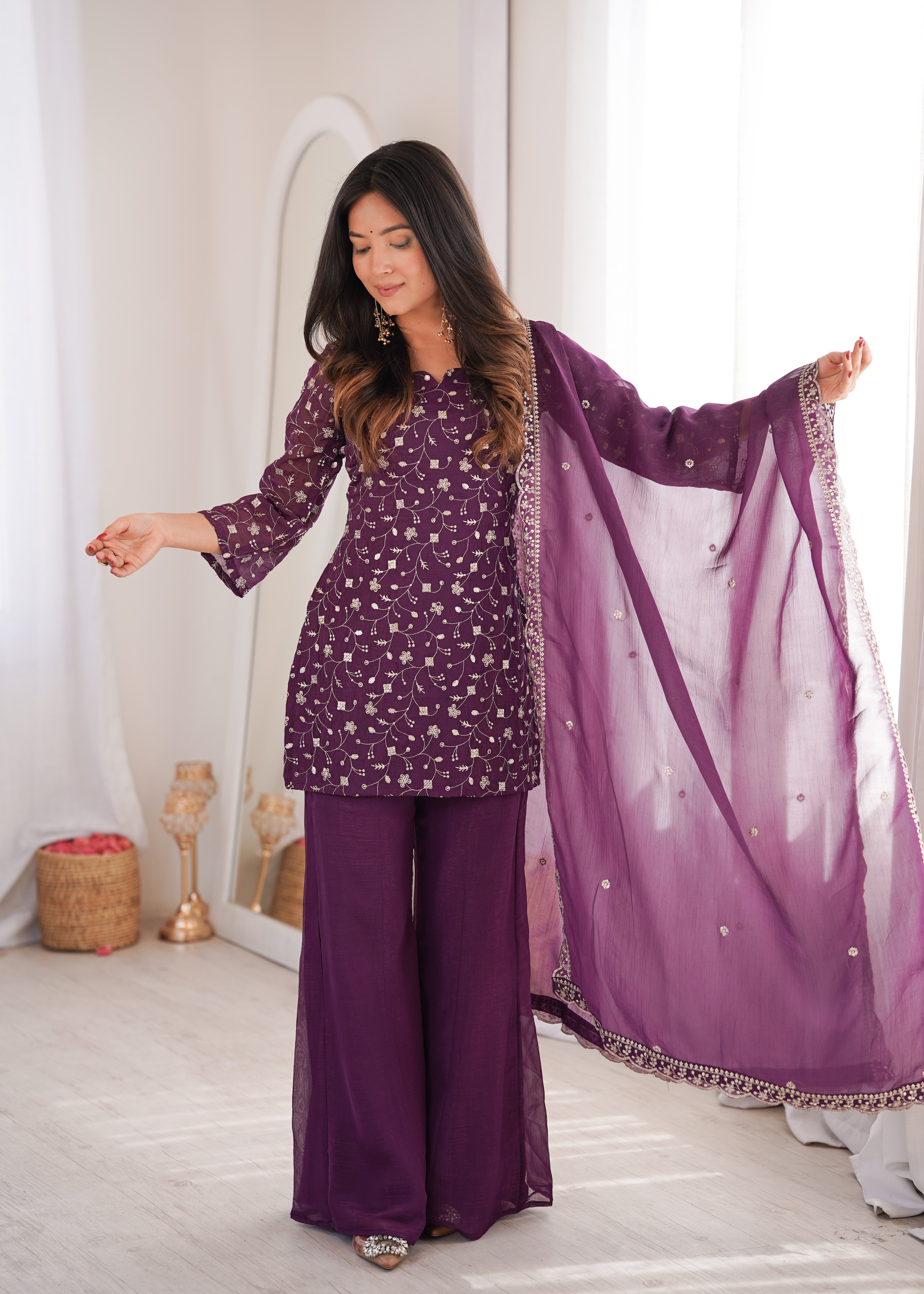 Women’s Wine Embroidered Kurta Set with Bell Bottom Pant & Dupatta | Partywear Ethnic Suit