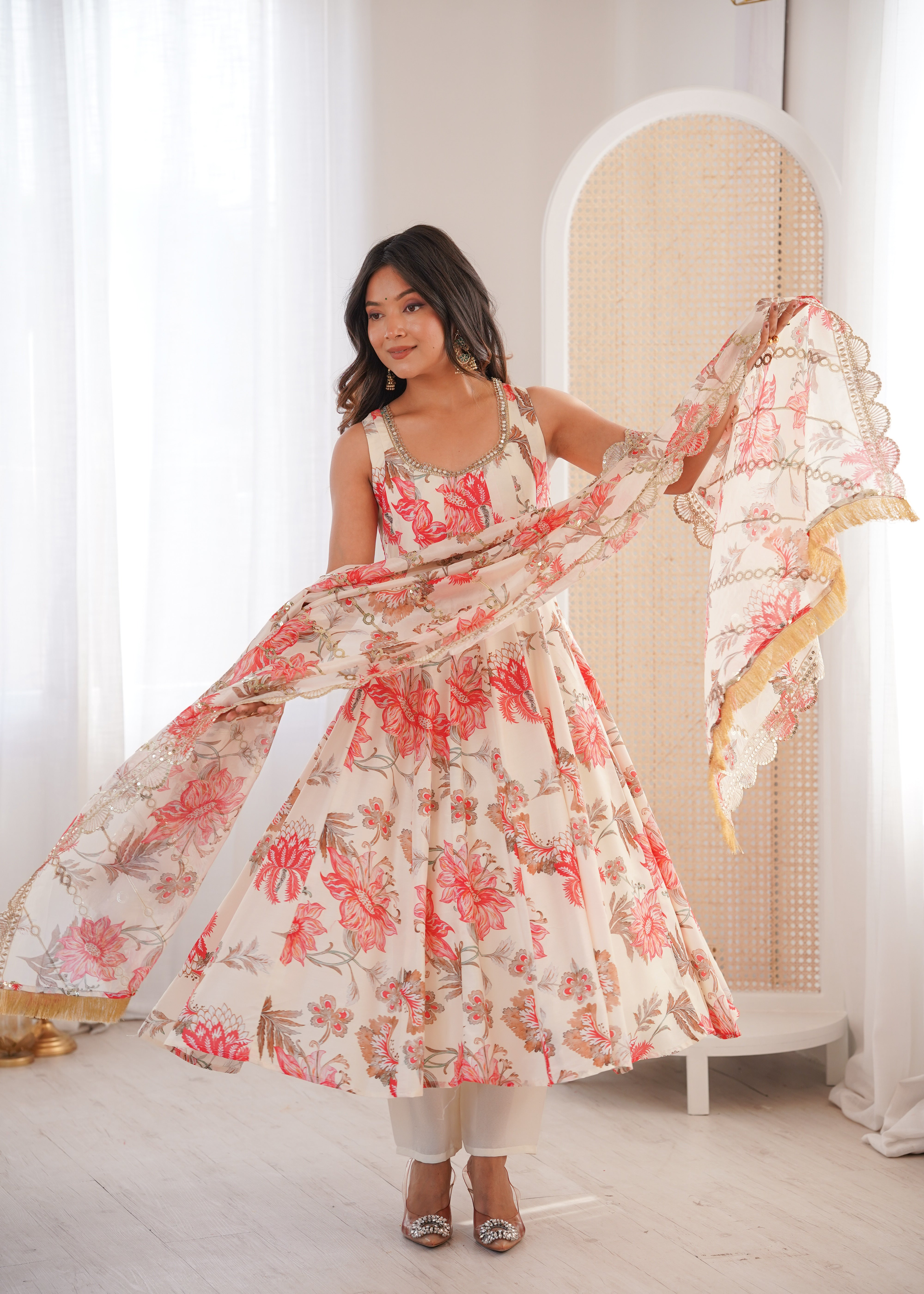 Floral Print Kali Cut Anarkali Suit with Organza Dupatta & Pant Set for Women