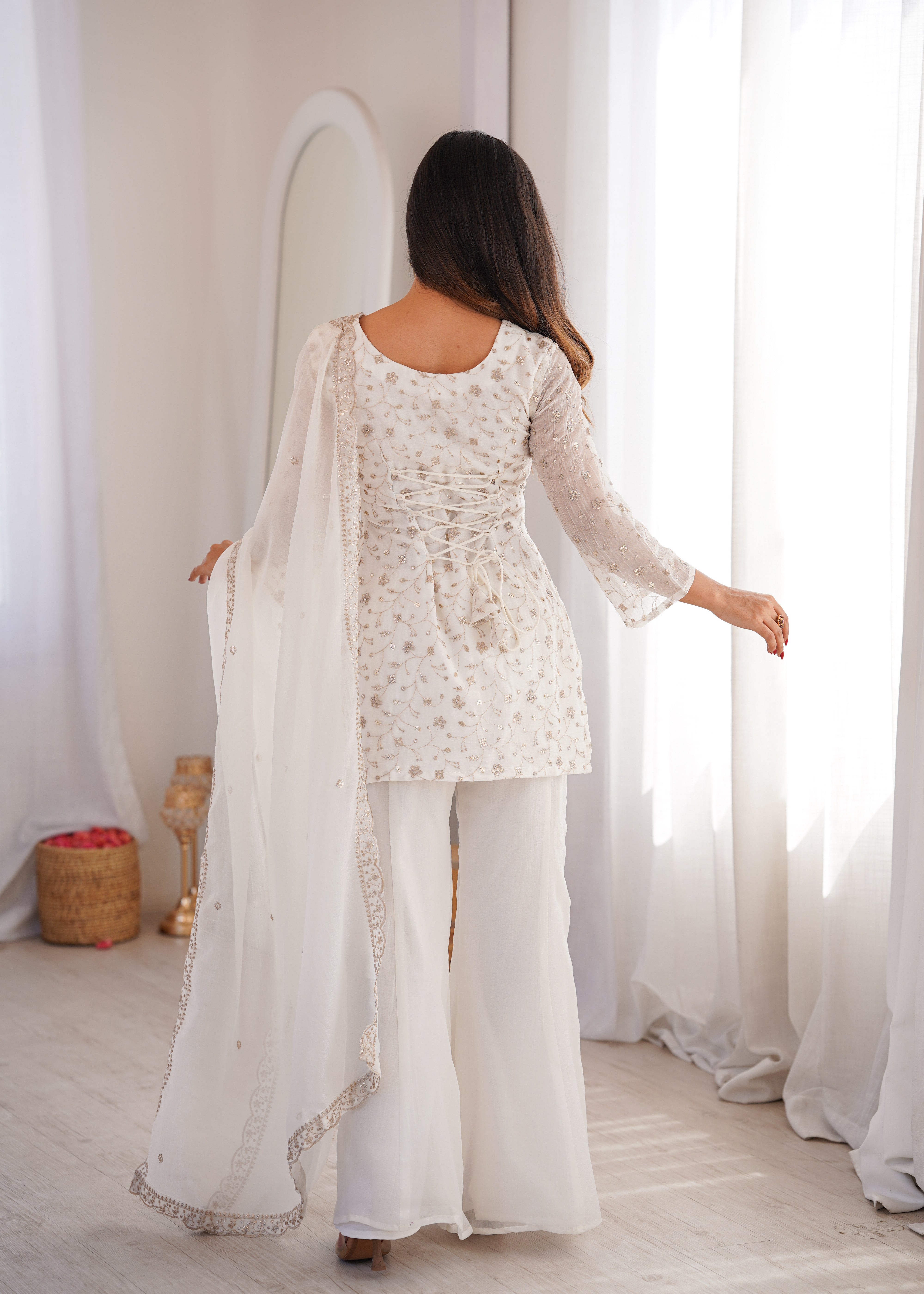 Women’s Off White Embroidered Kurta Set with Bell Bottom Pant & Dupatta | Partywear Ethnic Suit
