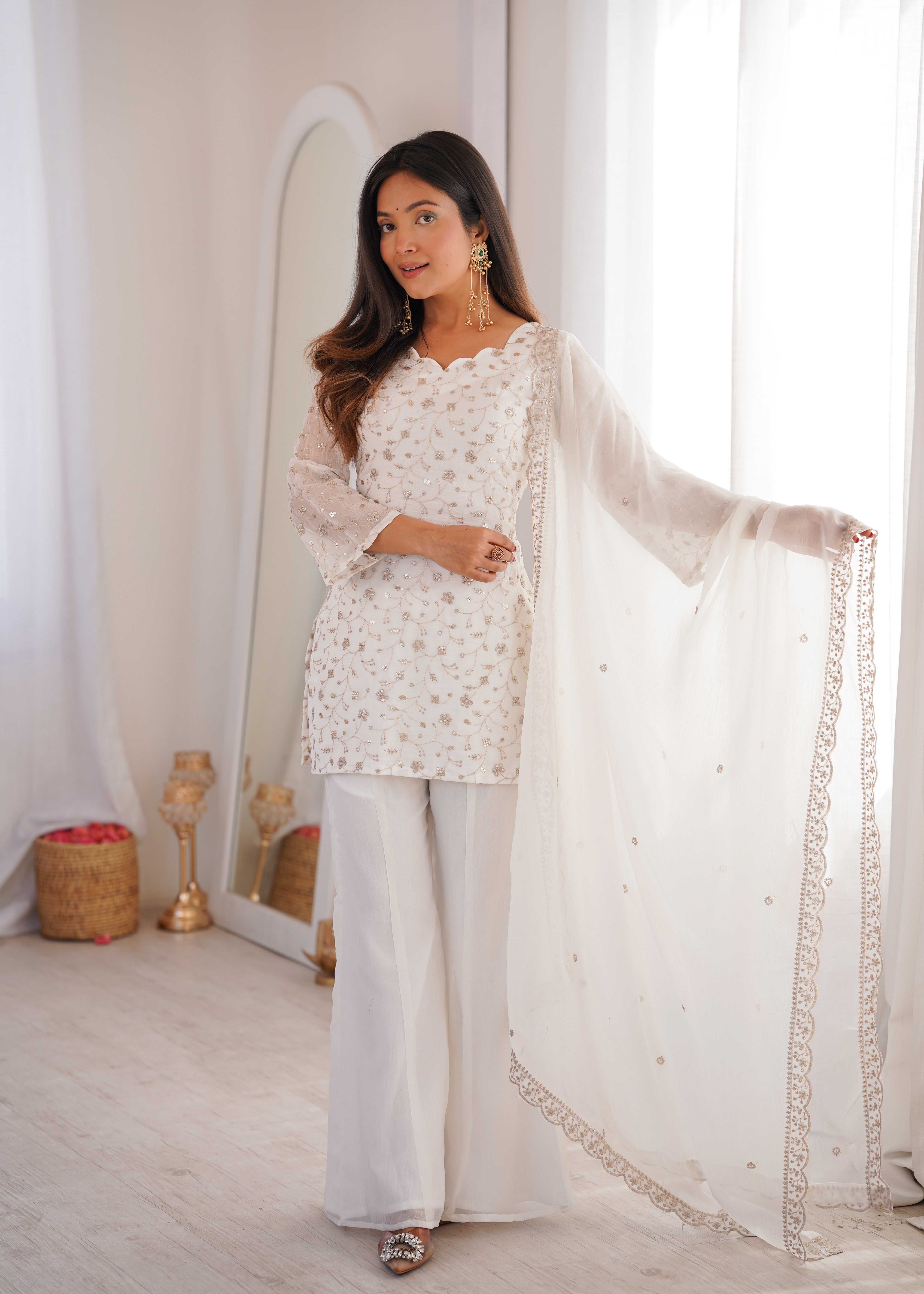 Women’s Off White Embroidered Kurta Set with Bell Bottom Pant & Dupatta | Partywear Ethnic Suit