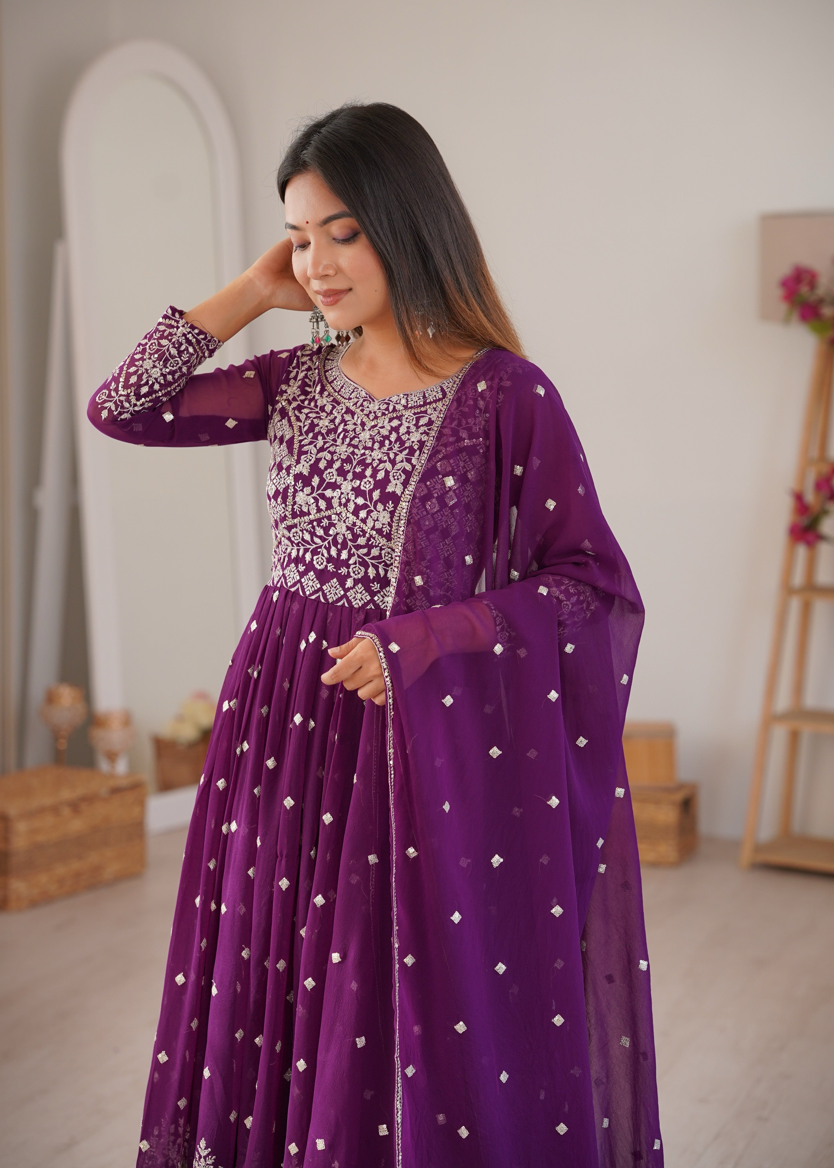 Wine Purple Designer Embroidered Anarkali Suit Set with Dupatta & Pant