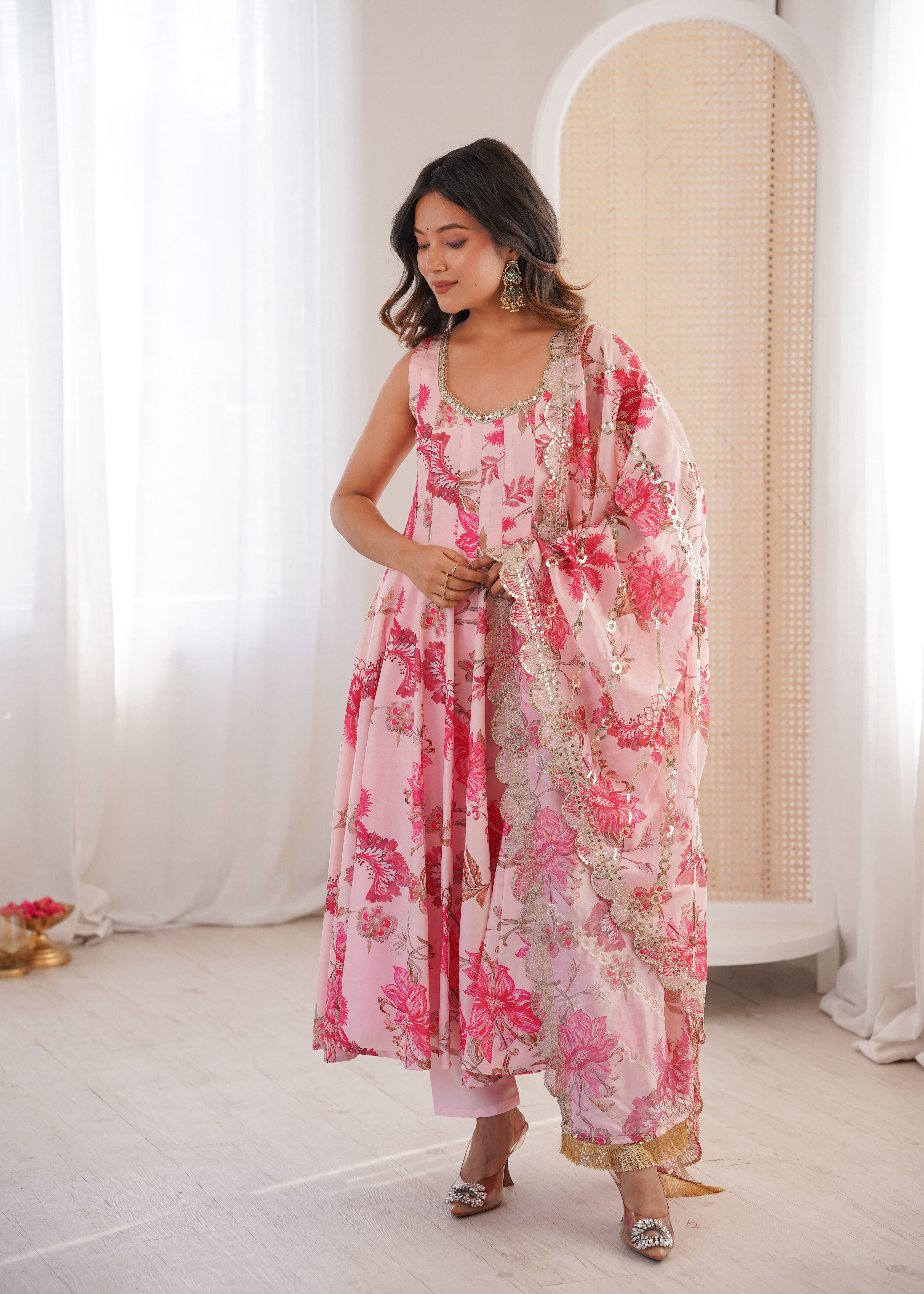 Pink Floral Print Kali Cut Anarkali Suit with Organza Dupatta & Pant Set for Women