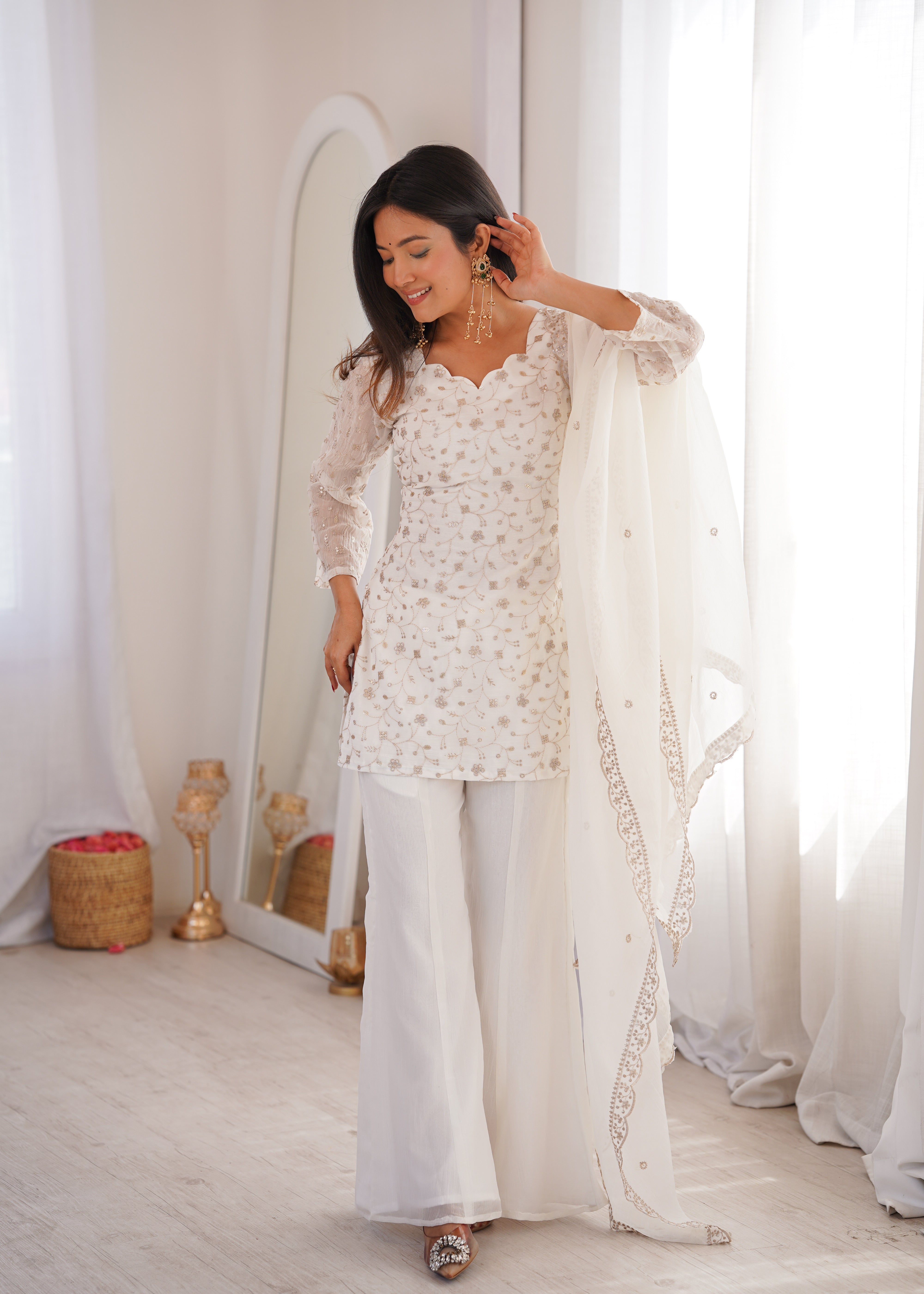Women’s Off White Embroidered Kurta Set with Bell Bottom Pant & Dupatta | Partywear Ethnic Suit