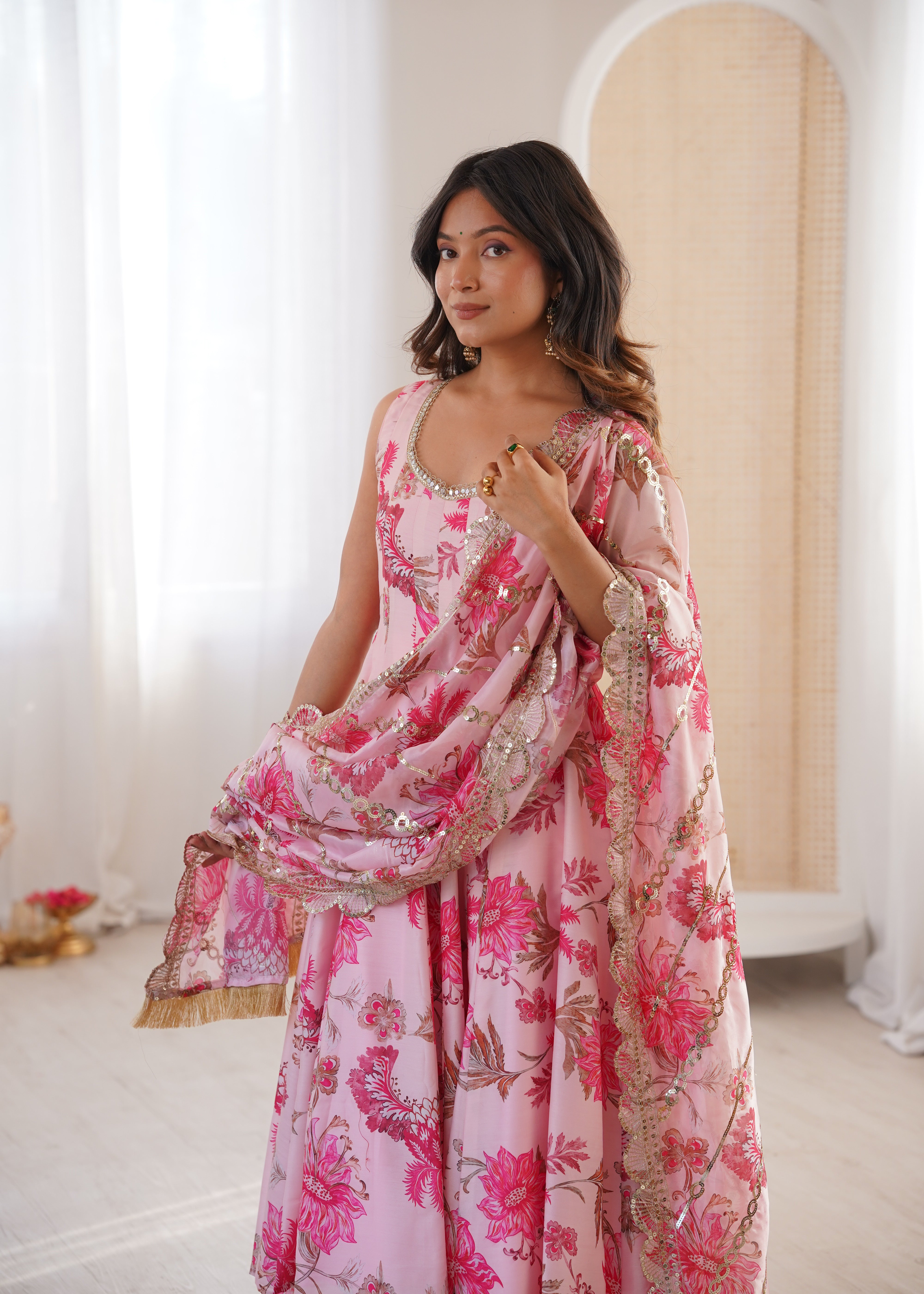 Pink Floral Print Kali Cut Anarkali Suit with Organza Dupatta & Pant Set for Women