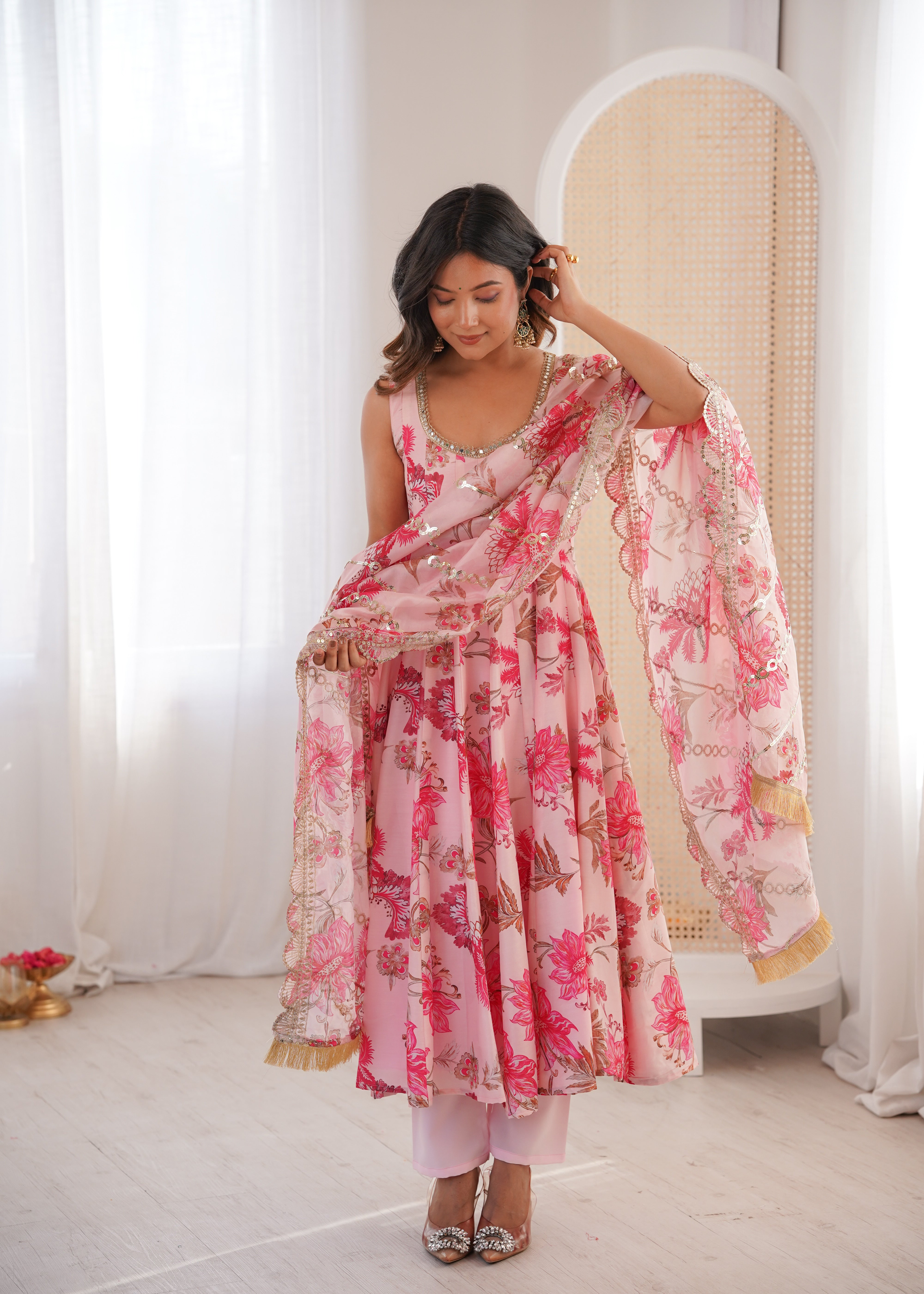 Pink Floral Print Kali Cut Anarkali Suit with Organza Dupatta & Pant Set for Women