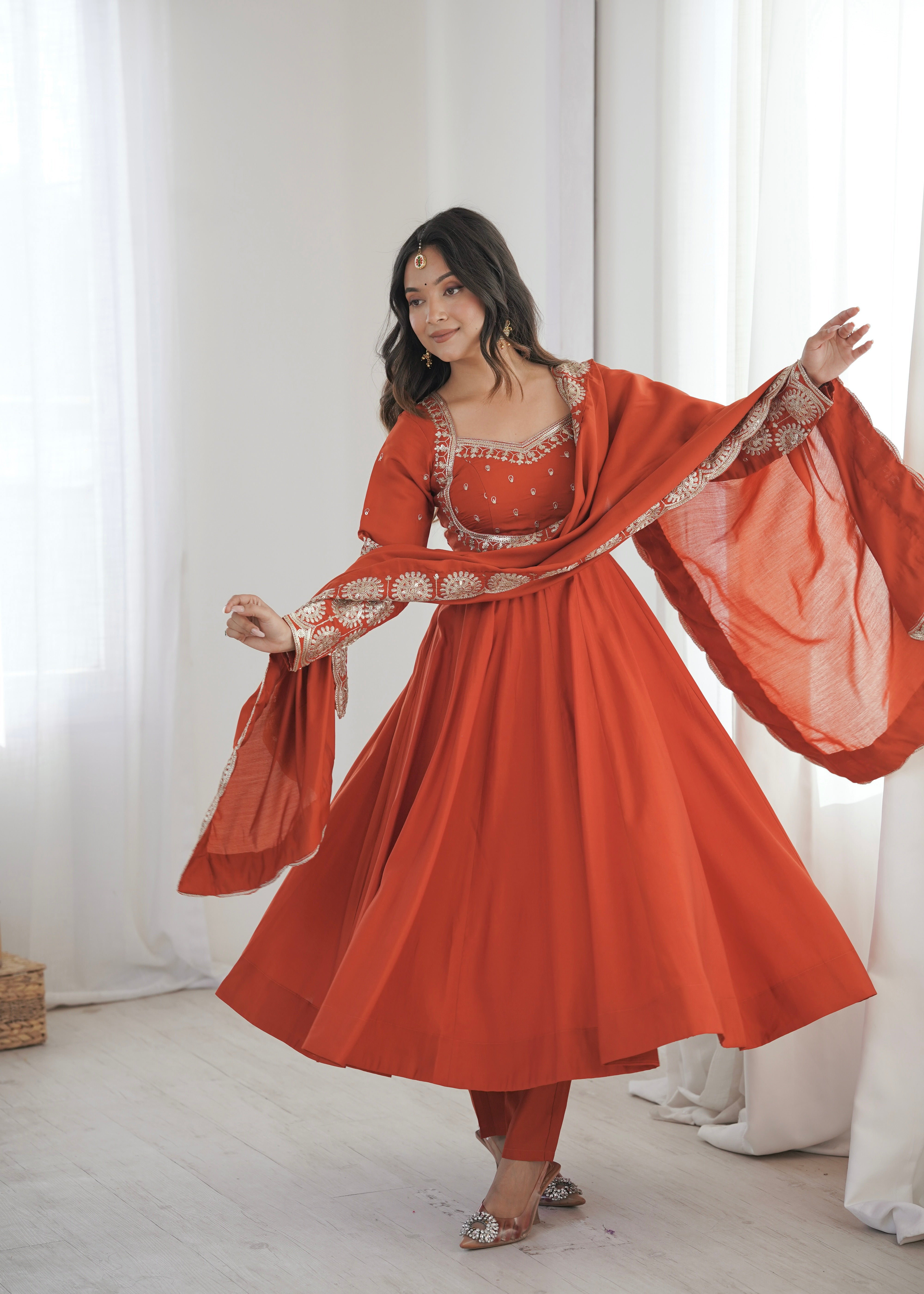 Rust Orange Roman Silk Embroidered Sequin Anarkali Suit Set with Chanderi Dupatta