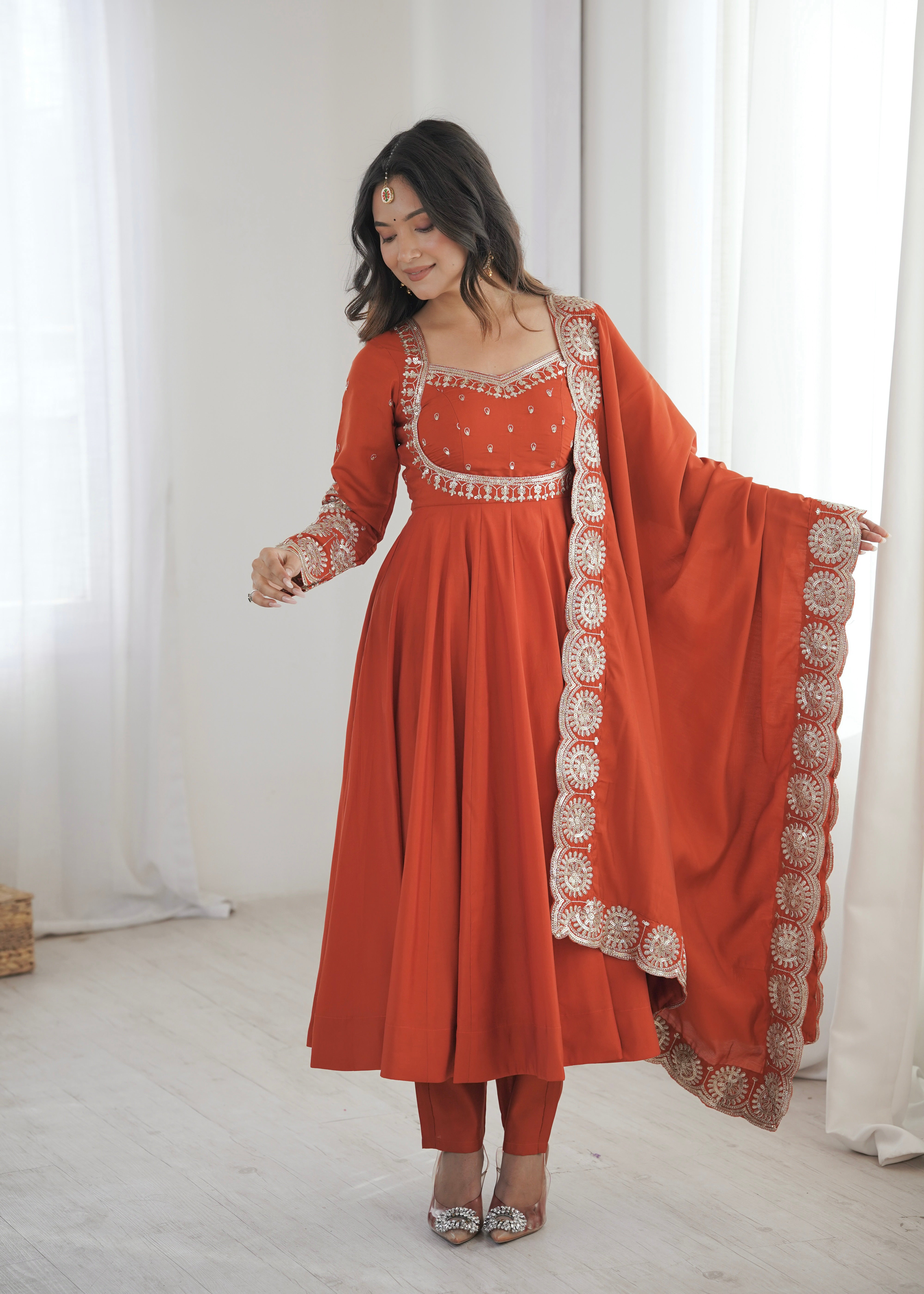 Rust Orange Roman Silk Embroidered Sequin Anarkali Suit Set with Chanderi Dupatta
