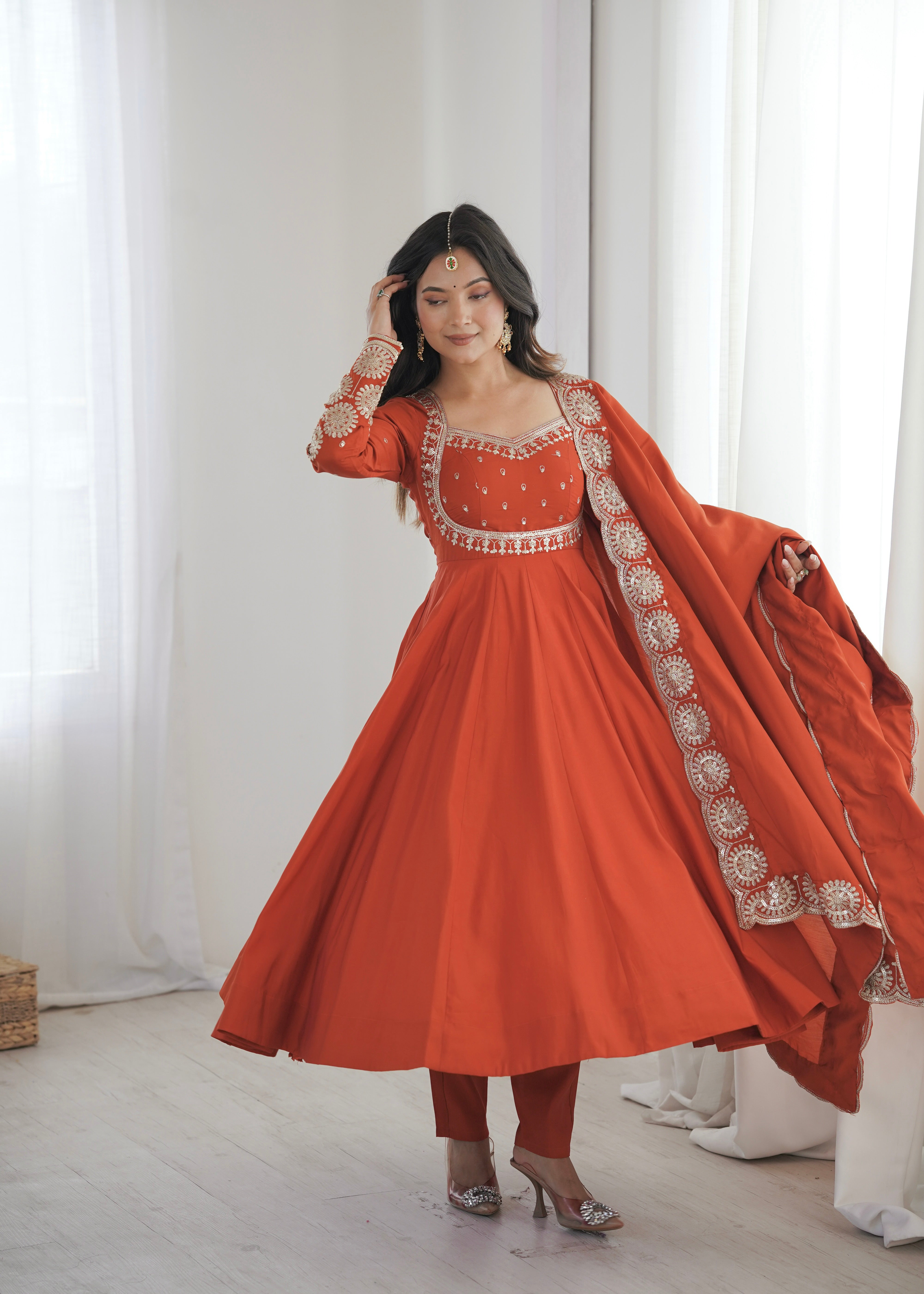 Rust Orange Roman Silk Embroidered Anarkali Suit Set with Chanderi Dupatta