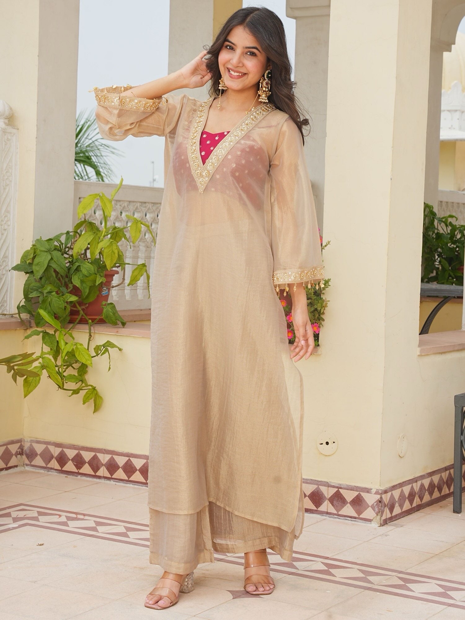 Champagne Gold Tissue Salsa Designer Kurta Palazzo Set with Embroidered Satin Blouse