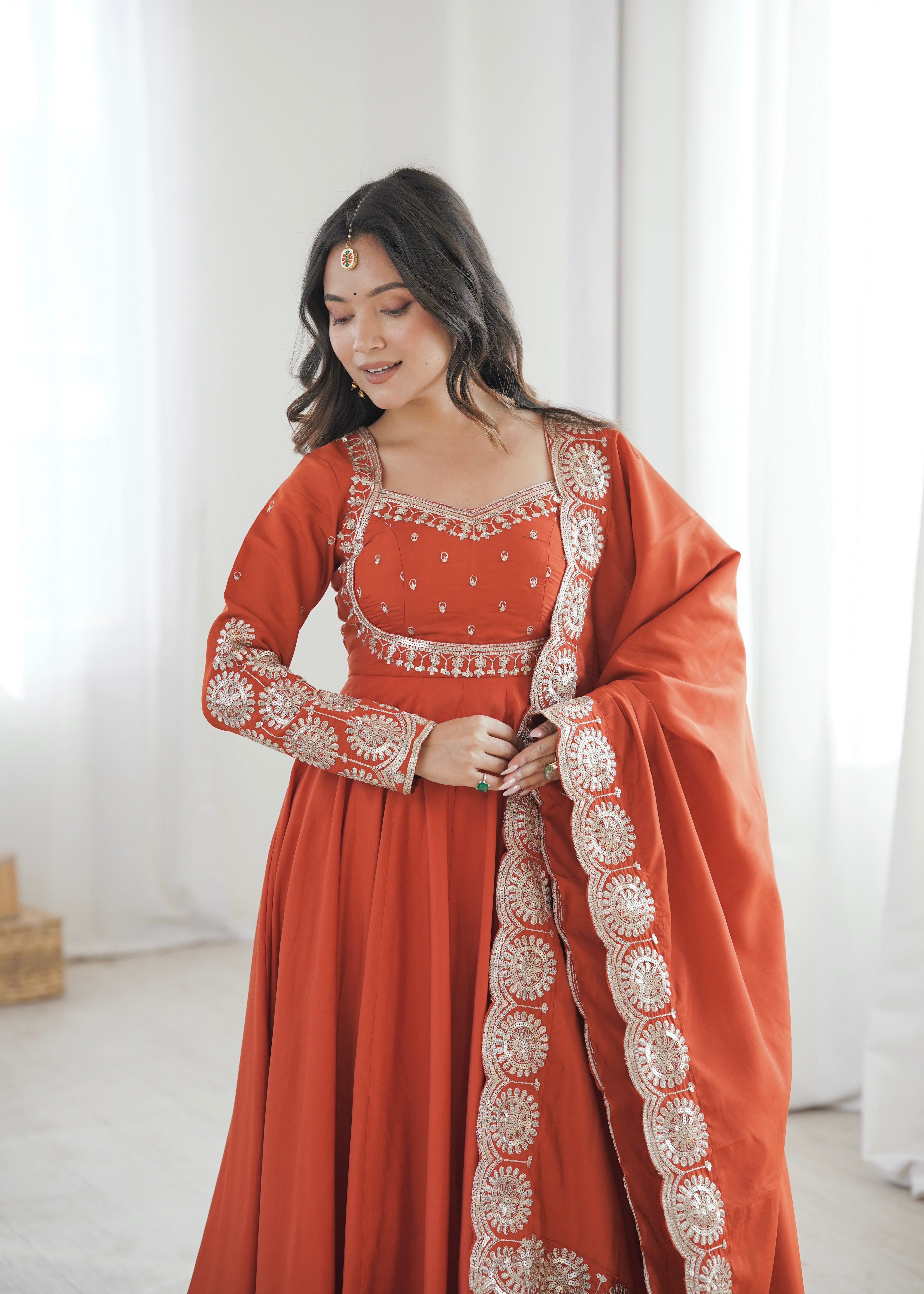 Rust Orange Roman Silk Embroidered Sequin Anarkali Suit Set with Chanderi Dupatta