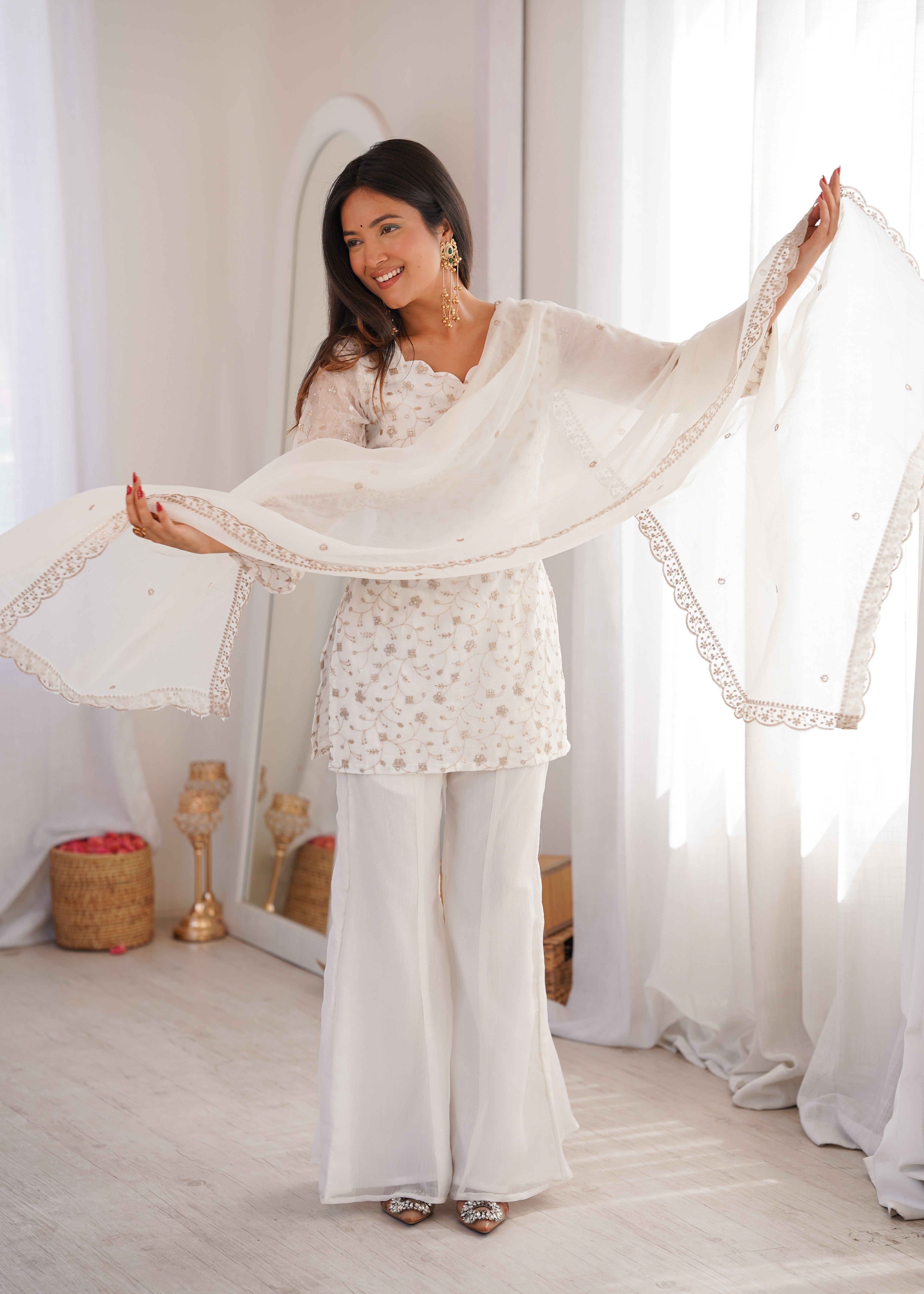 Women’s Off White Embroidered Kurta Set with Bell Bottom Pant & Dupatta | Partywear Ethnic Suit