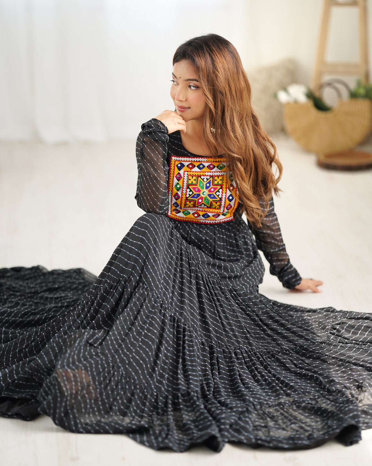 Black Laheriya 7 Meter Flair Anarkali Gown | Gamthi Work