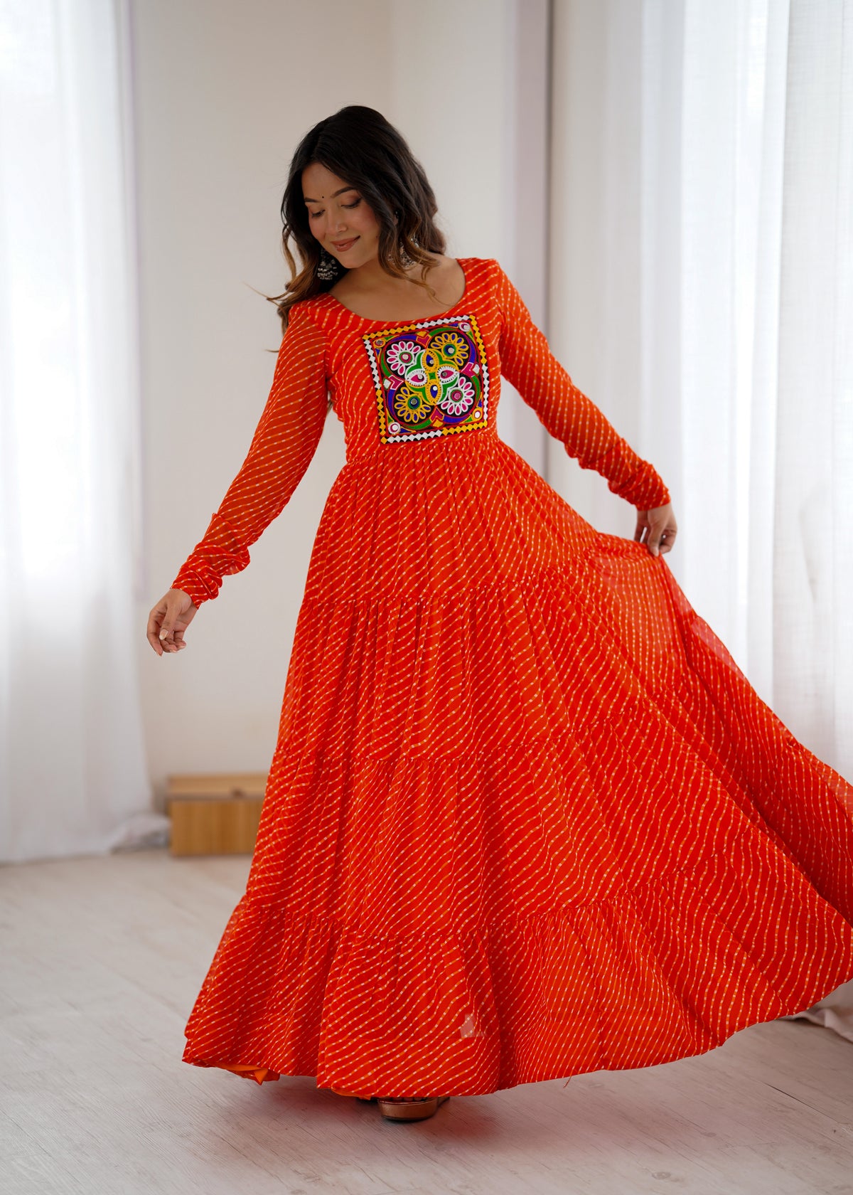 Orange Laheriya Print 7 Meter Flair Anarkali Gown
