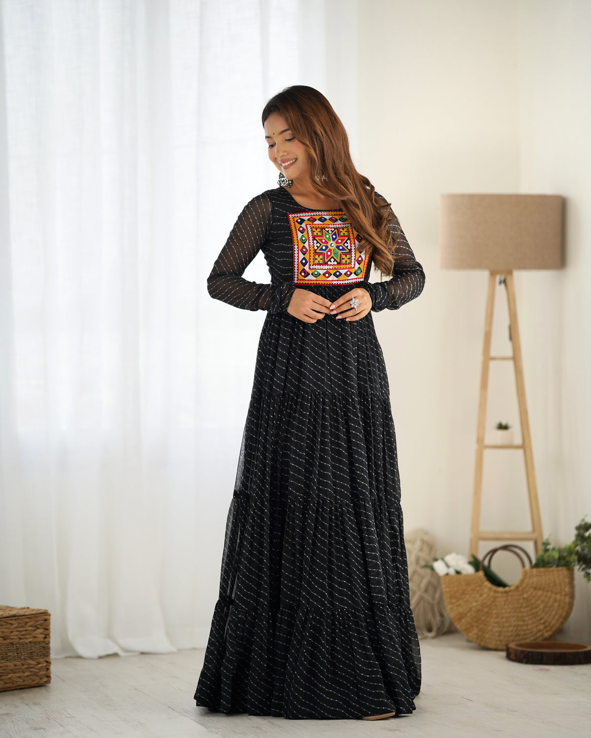 Black Laheriya 7 Meter Flair Anarkali Gown | Gamthi Work