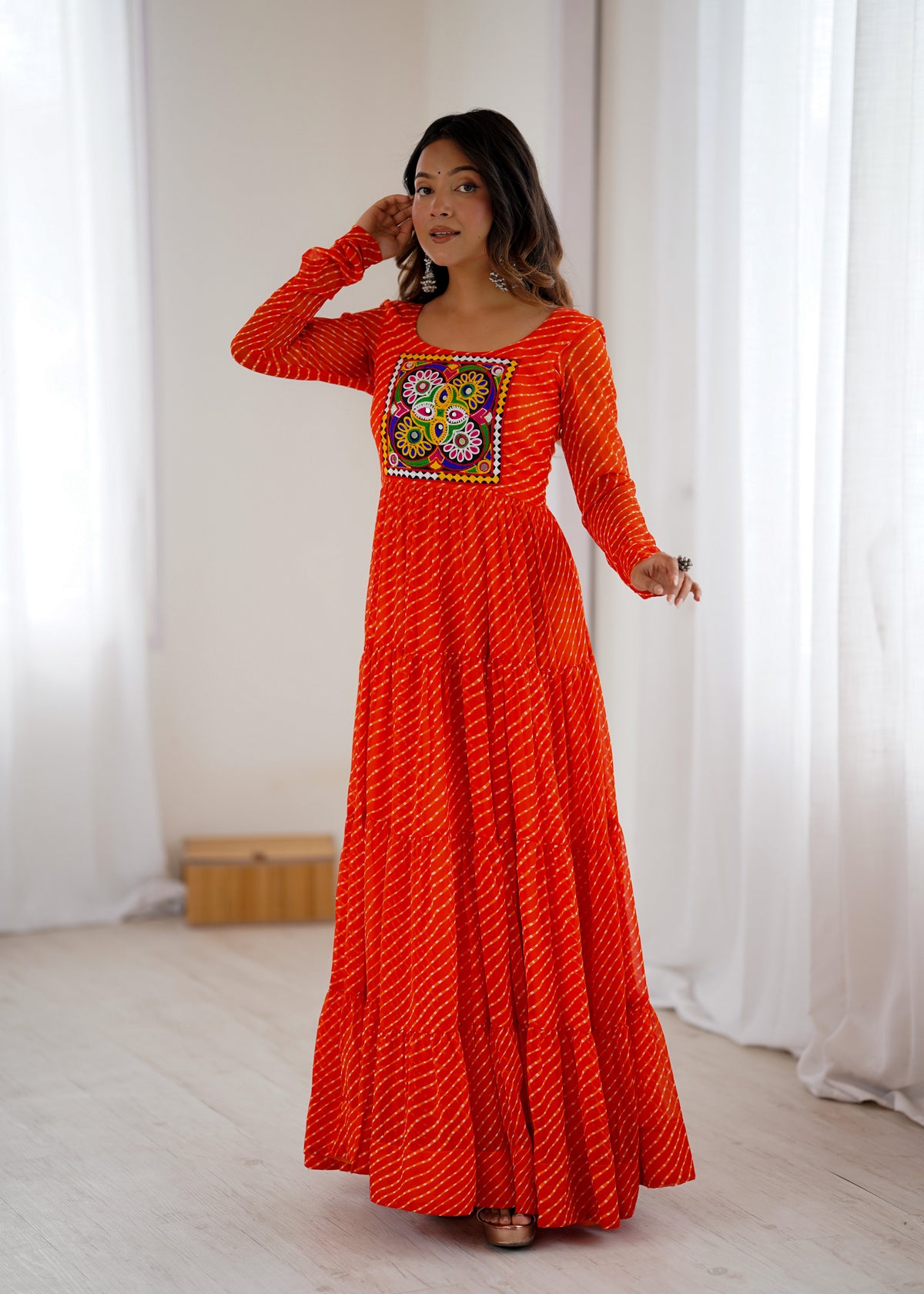 Orange Laheriya Print 7 Meter Flair Anarkali Gown