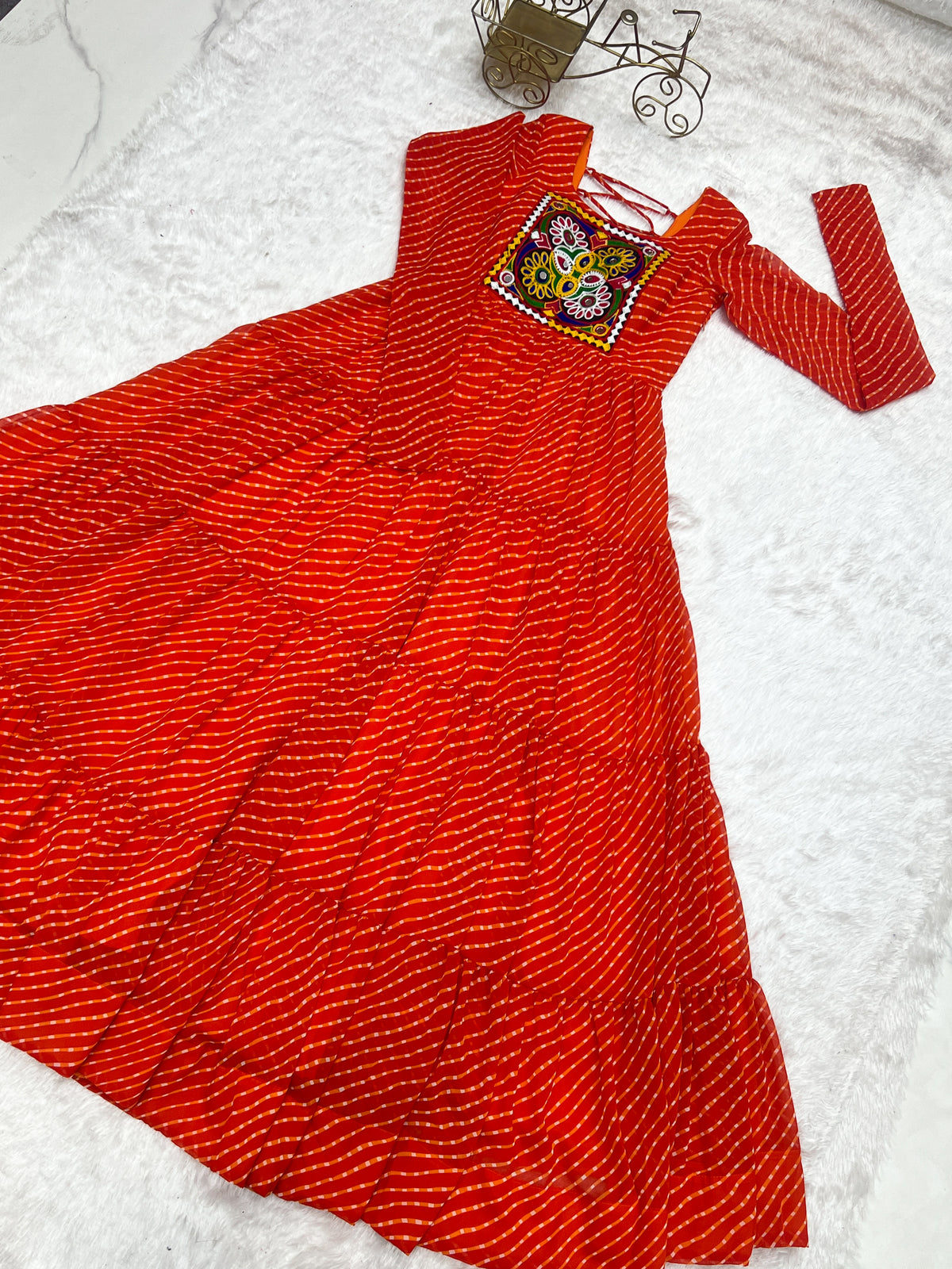 Orange Laheriya Print 7 Meter Flair Anarkali Gown