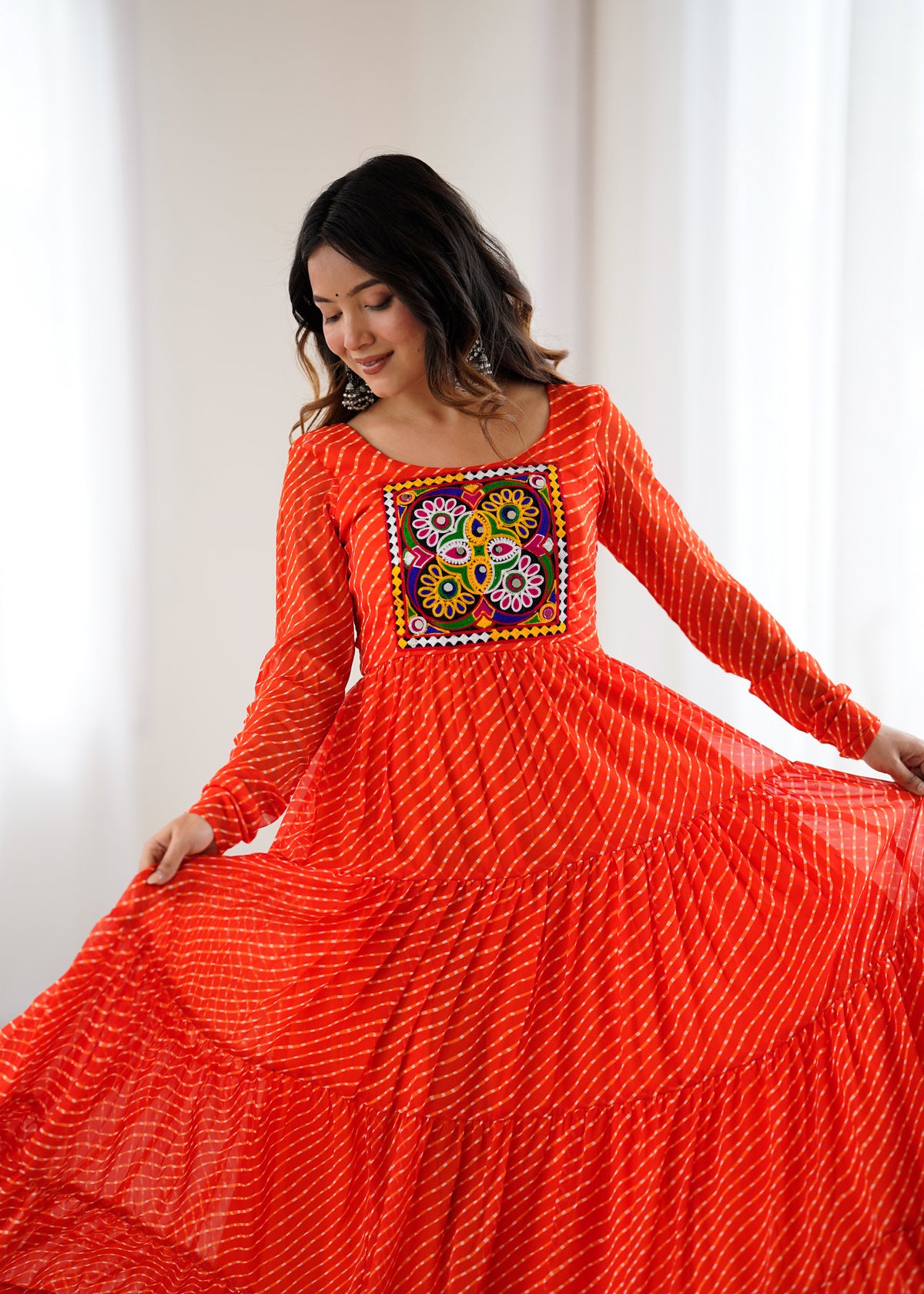 Orange Laheriya Print 7 Meter Flair Anarkali Gown