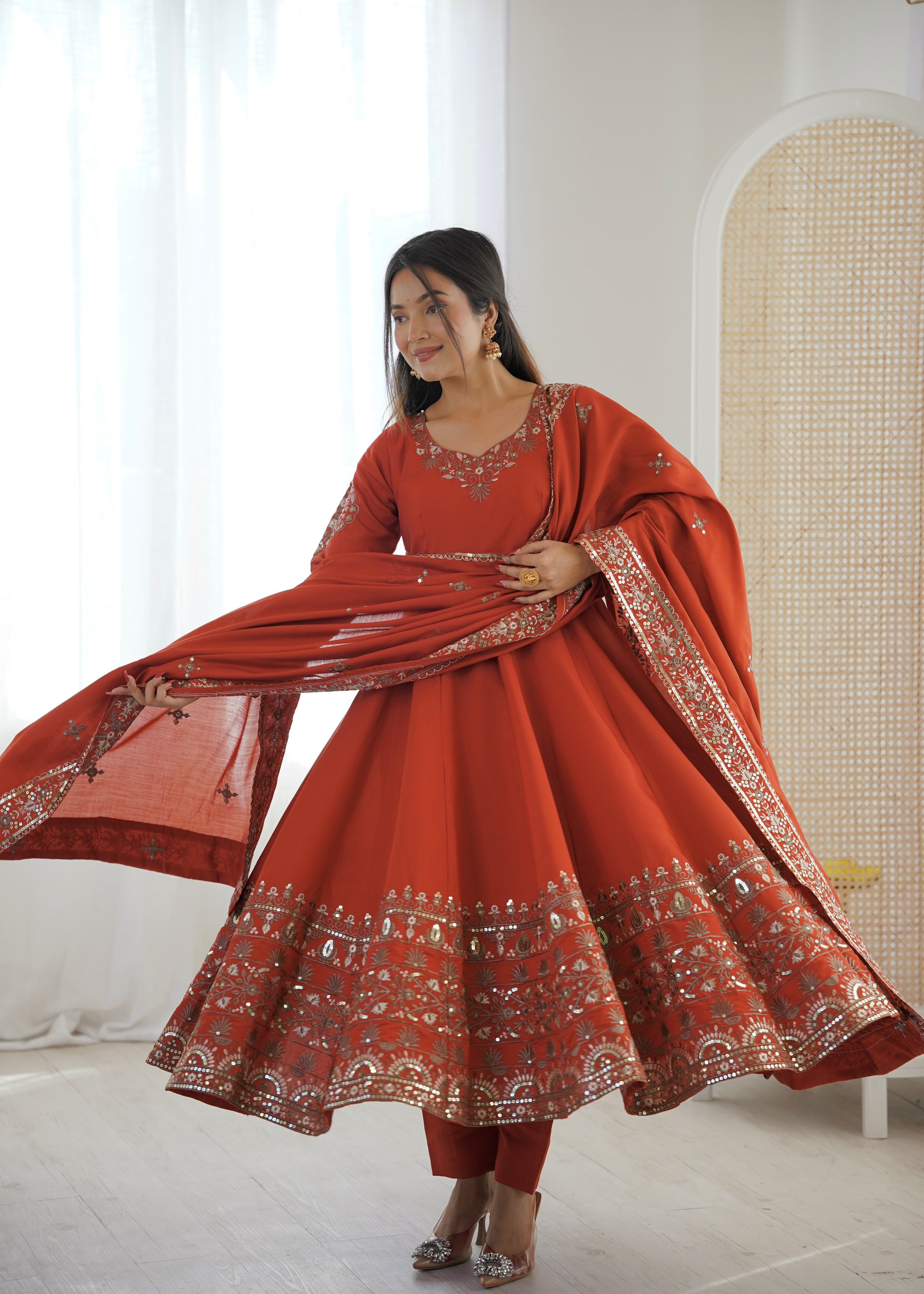 Rust Color Embroidered Sequence Designer Anarkali Three Piece Set in Roman Silk | Nardev Fashion