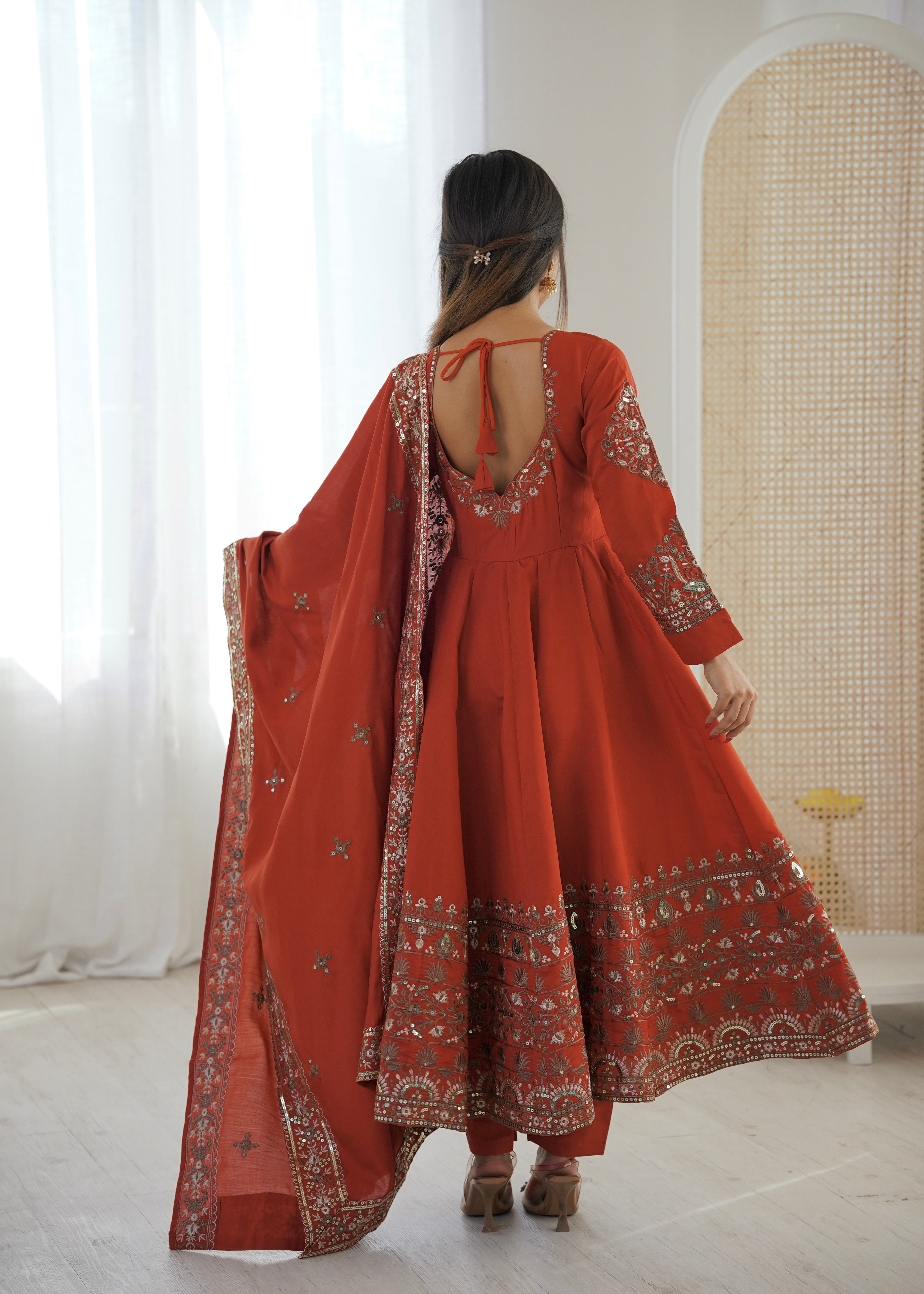 Rust Color Embroidered Sequence Designer Anarkali Three Piece Set in Roman Silk | Nardev Fashion
