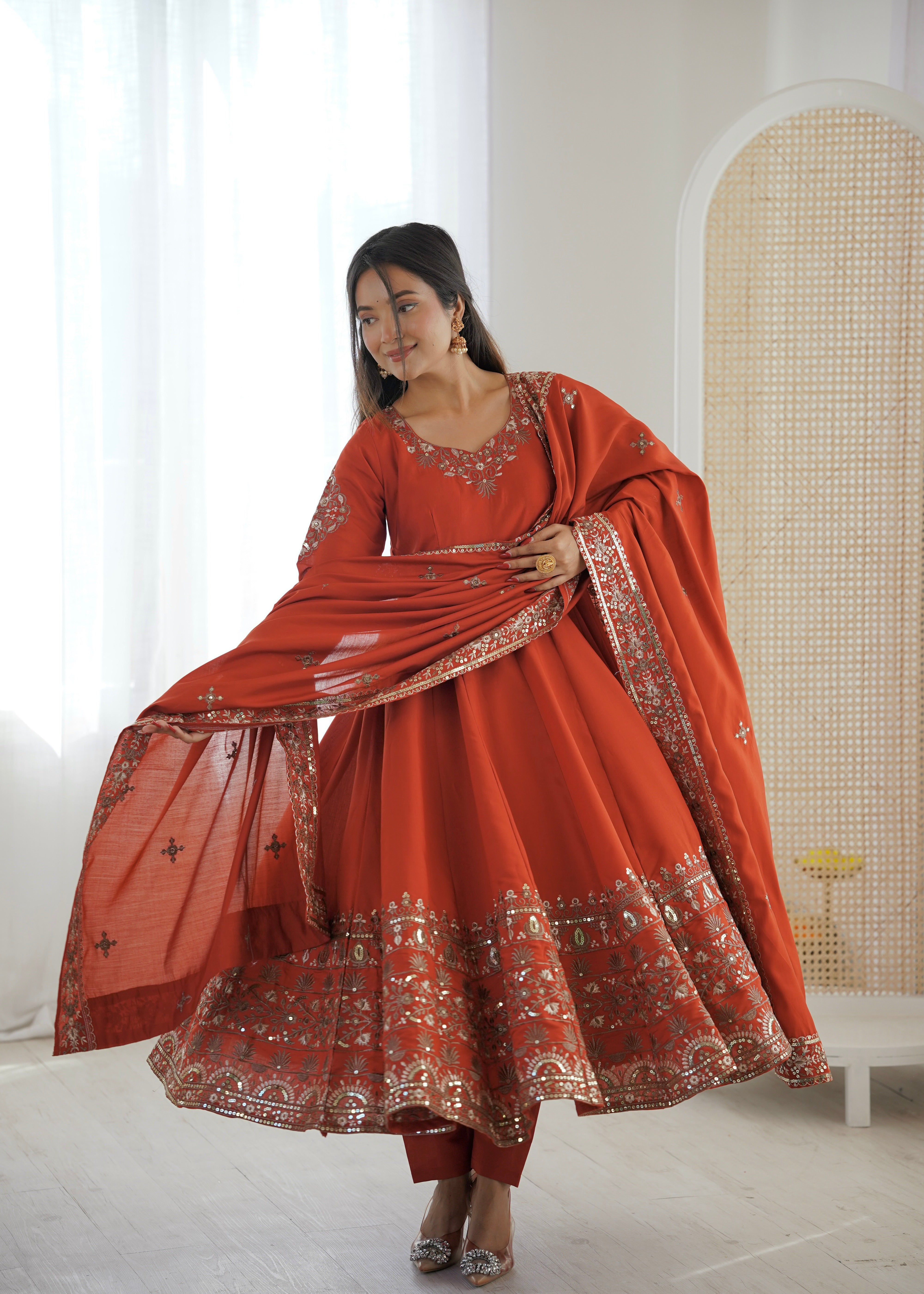 Rust Color Embroidered Sequence Designer Anarkali Three Piece Set in Roman Silk | Nardev Fashion