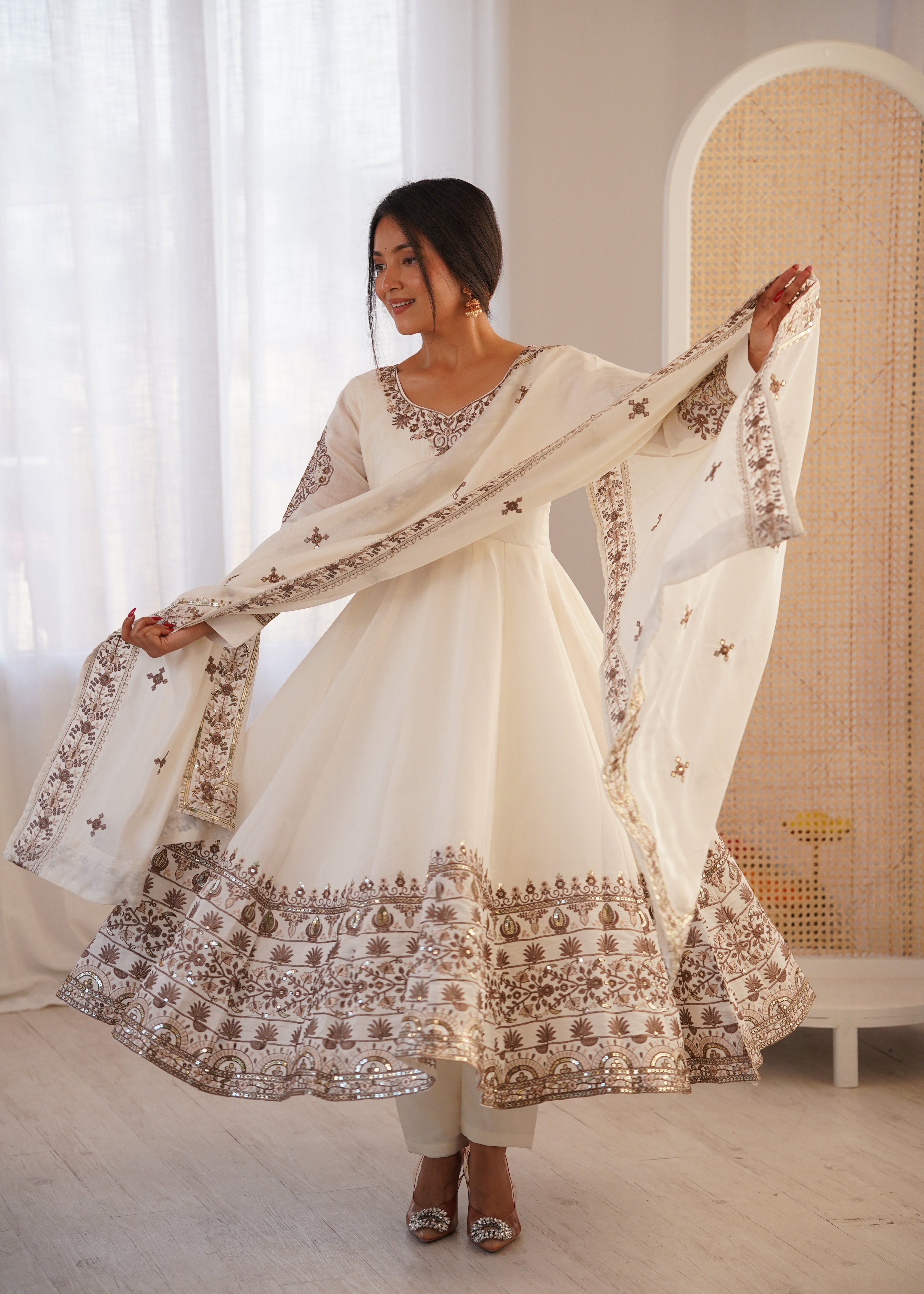 White Color Embroidered Sequence Designer Anarkali Three Piece Set in Roman Silk | Nardev Fashion