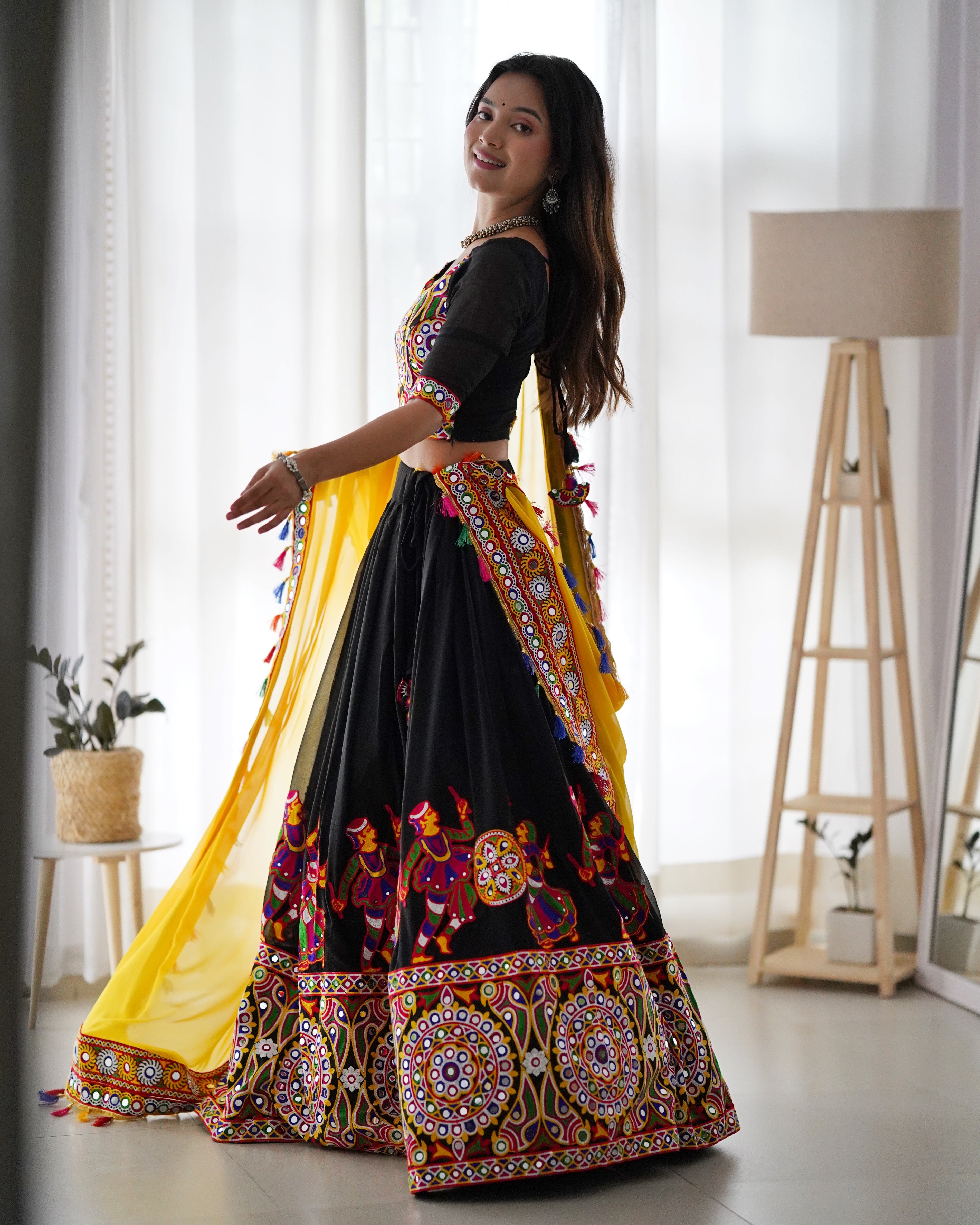 Black & Yellow Navratri Lehenga Choli with Original Mirror Work | Traditional Garba Lehenga Set