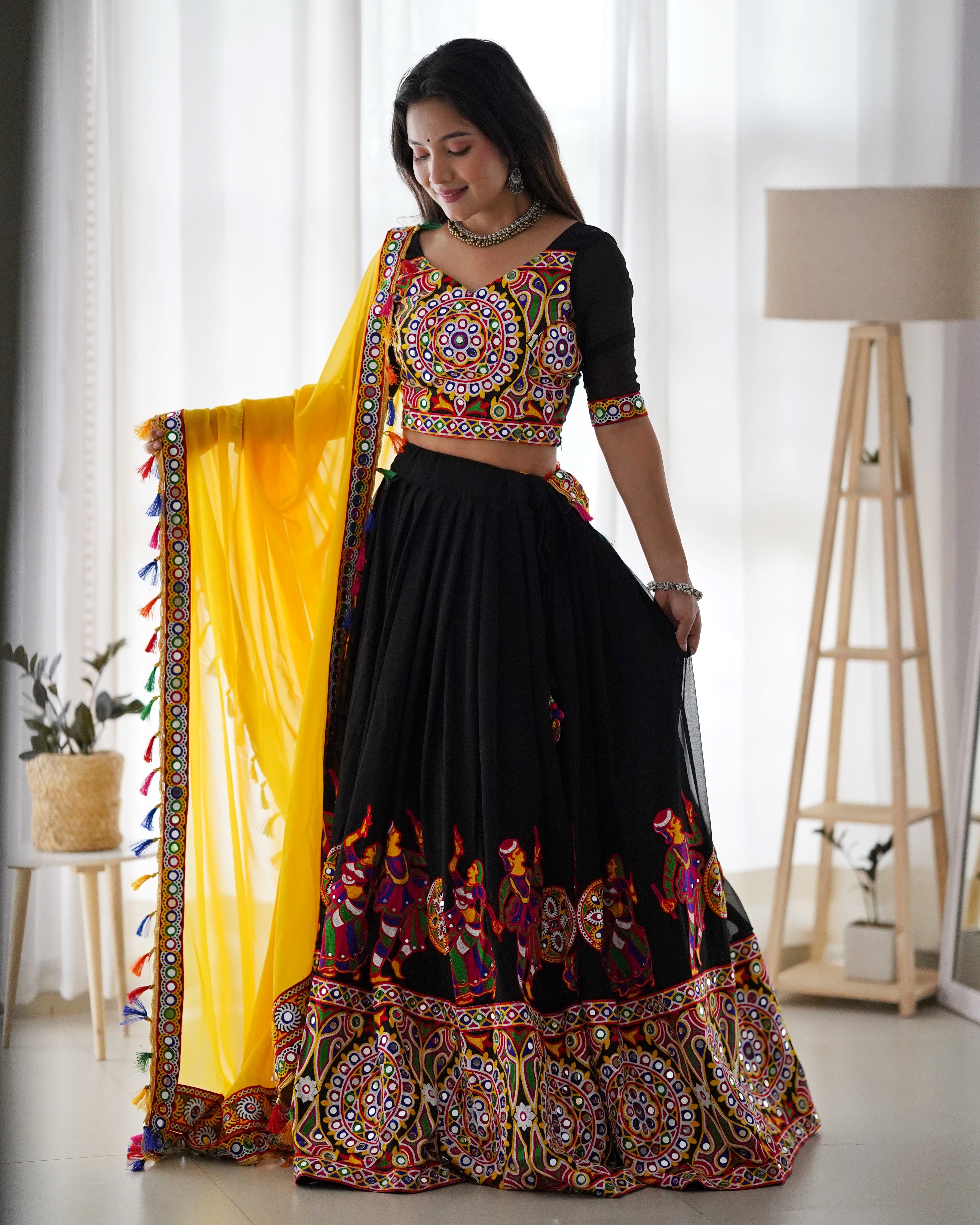 Black & Yellow Navratri Lehenga Choli with Original Mirror Work | Traditional Garba Lehenga Set