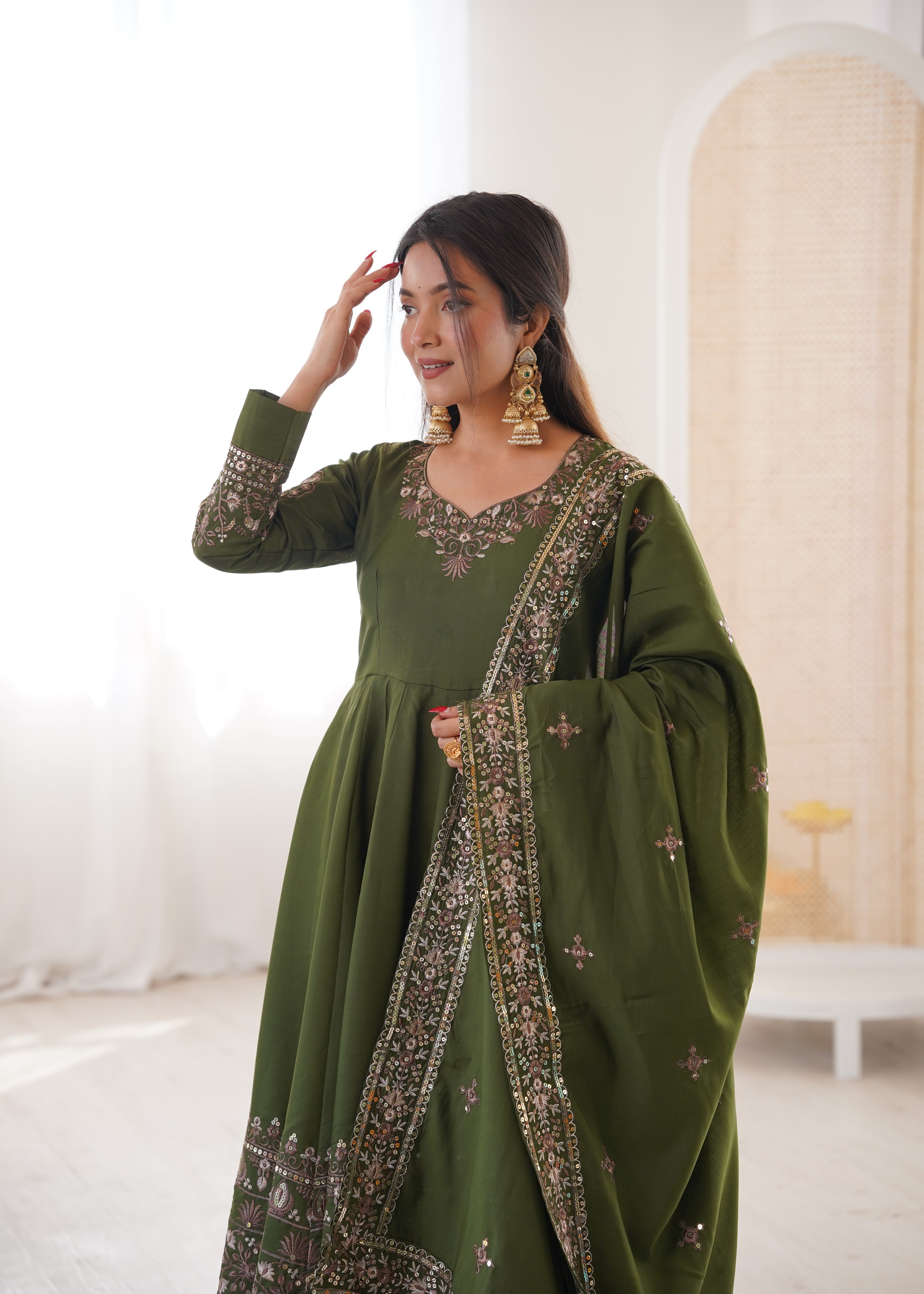 Mehendi Color Embroidered Sequence Designer Anarkali Three Piece Set in Roman Silk | Nardev Fashion