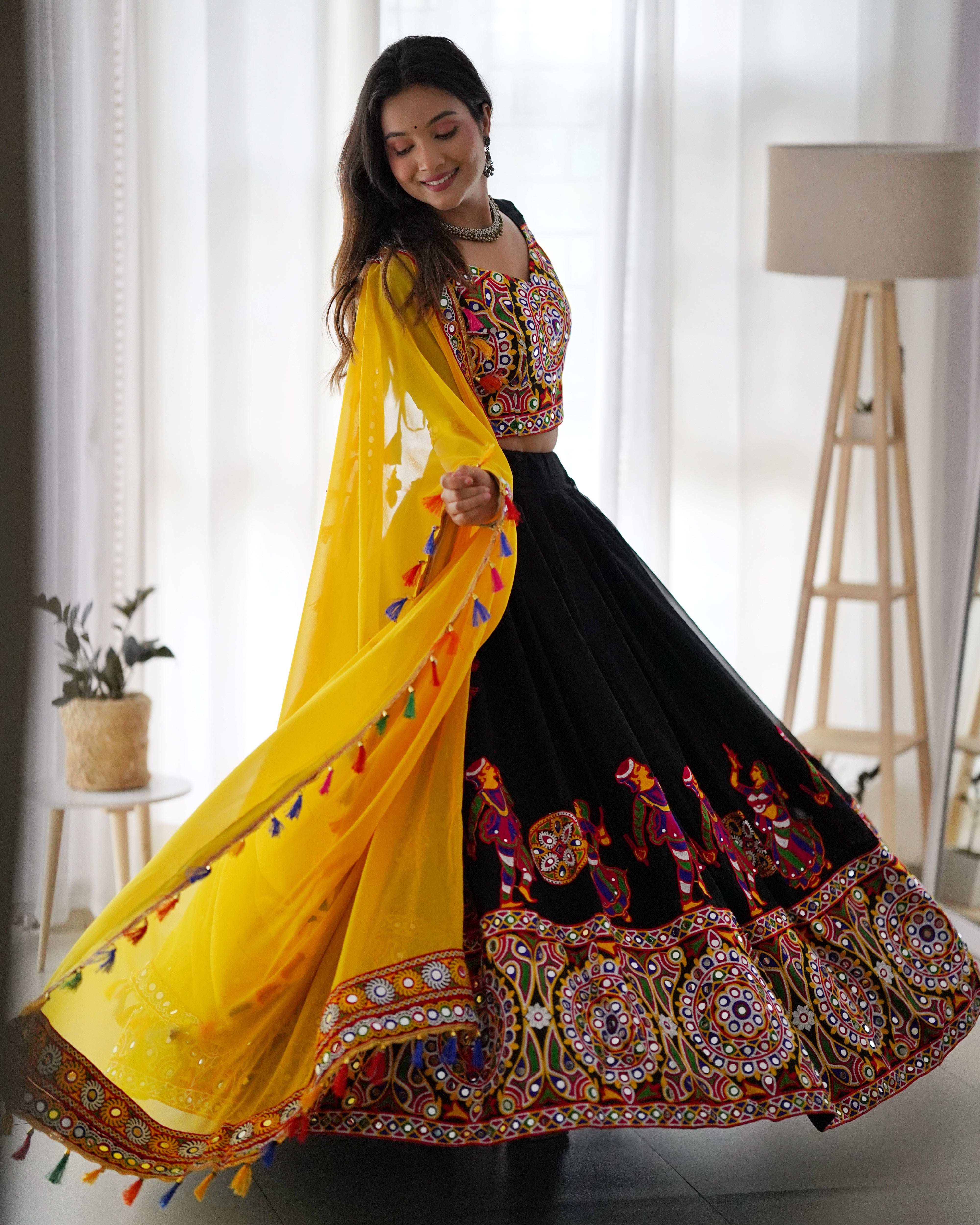 Black & Yellow Navratri Lehenga Choli with Original Mirror Work | Traditional Garba Lehenga Set