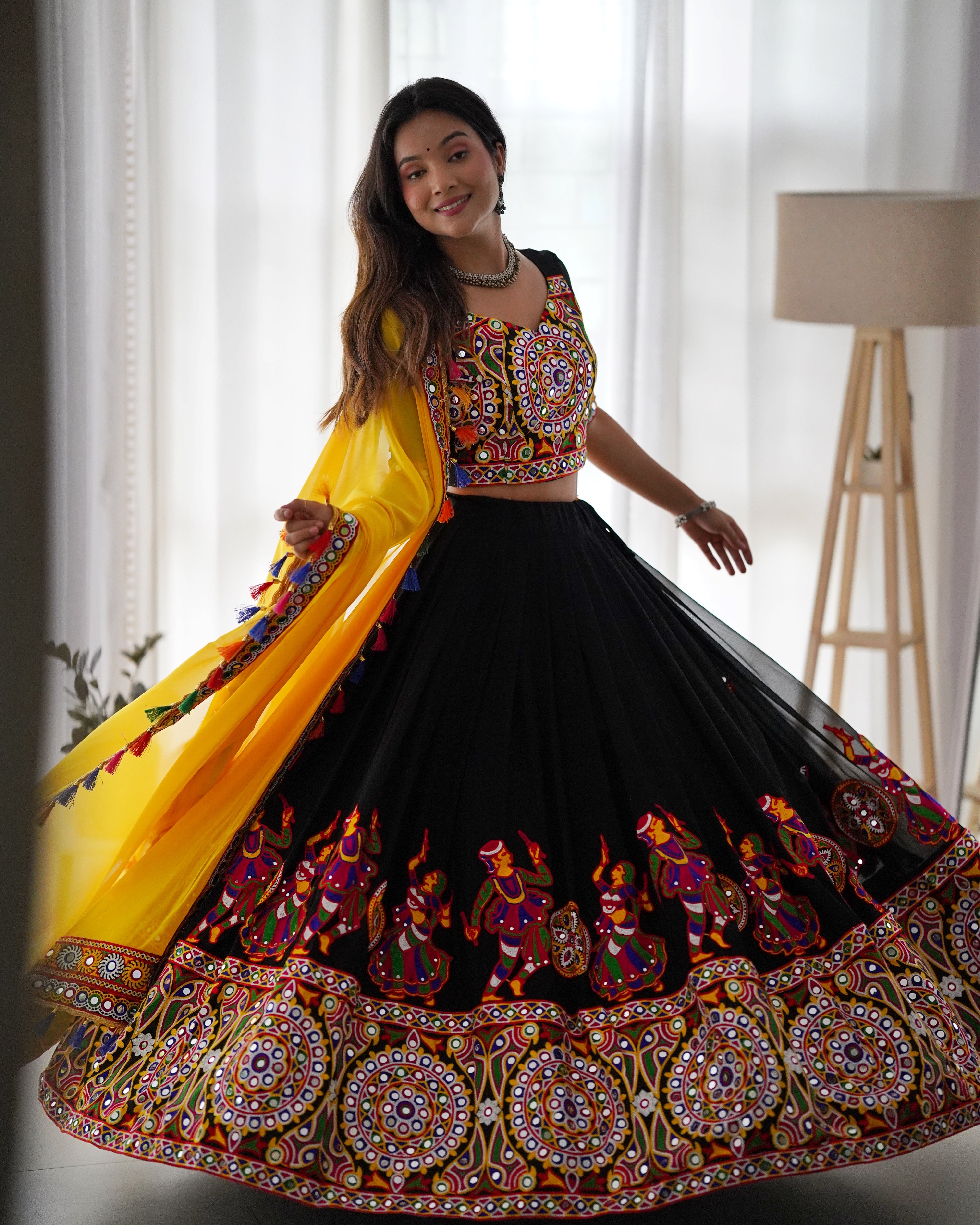 Black & Yellow Navratri Lehenga Choli with Original Mirror Work | Traditional Garba Lehenga Set
